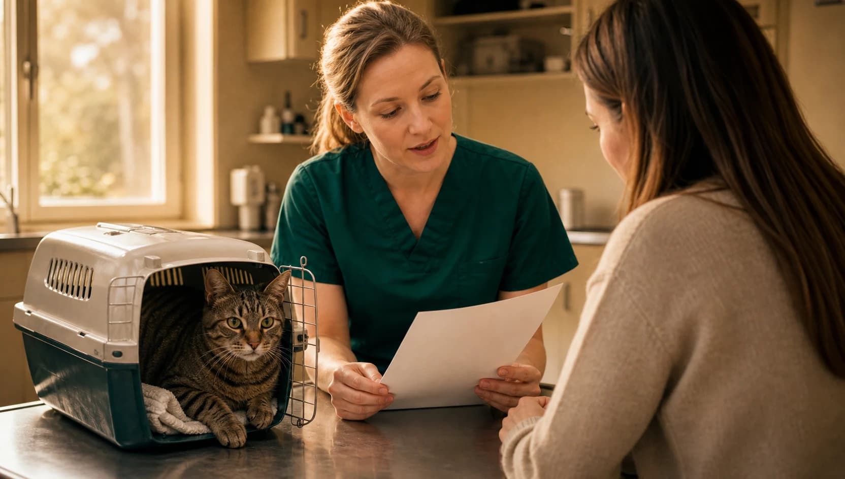 Veterinär i mörkgröna scrubs förklarar kostnadsförslag inför ledkirurgi av katt.