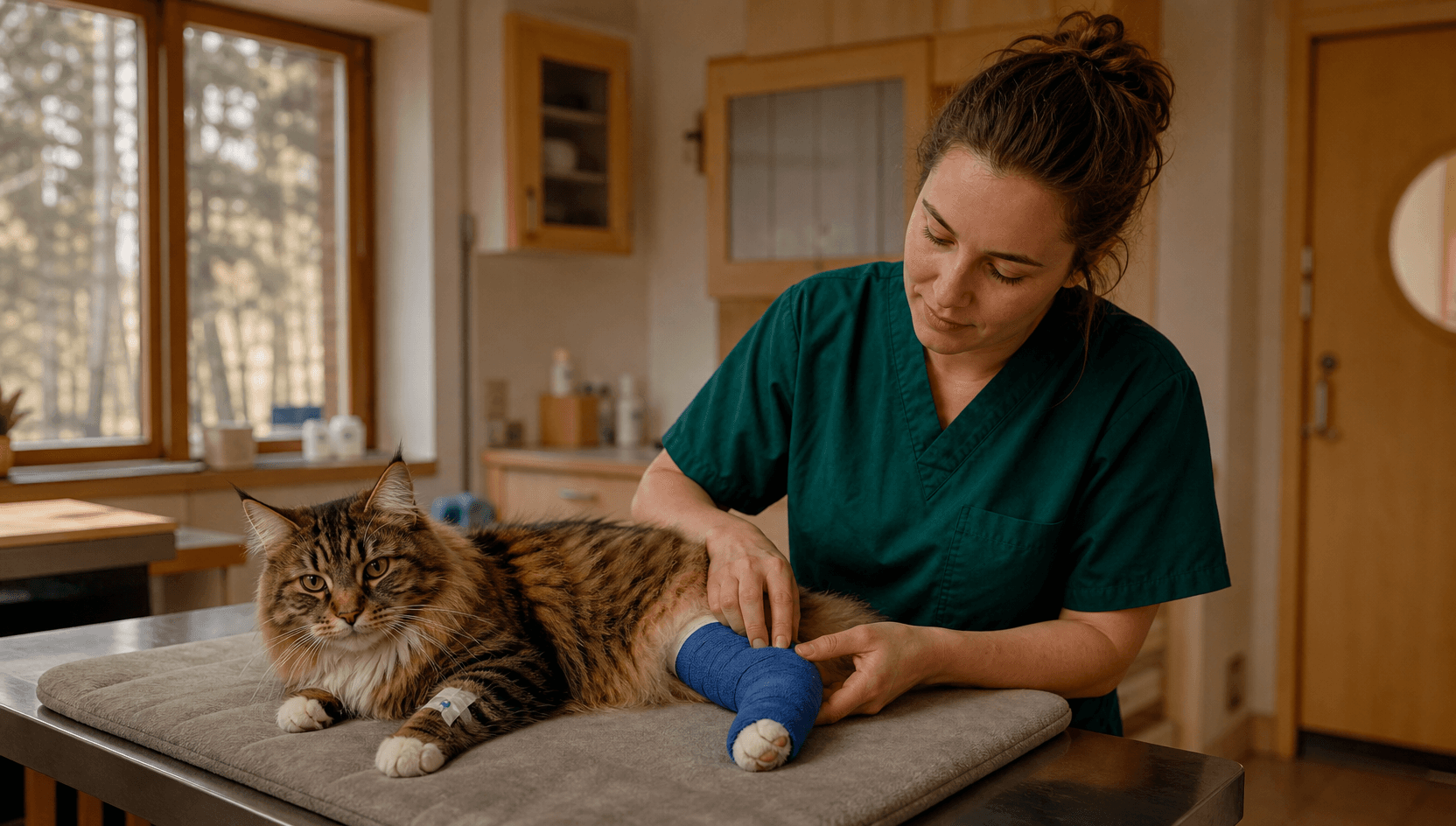 Katt vilar lugnt efter ledoperation med liten skyddande bandagering.