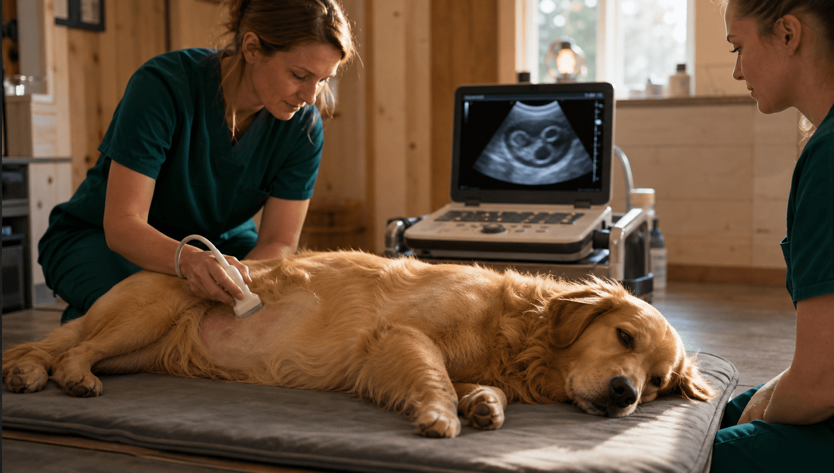 Veterinär gör bukultraljud på hund som del av mag-tarmutredning.