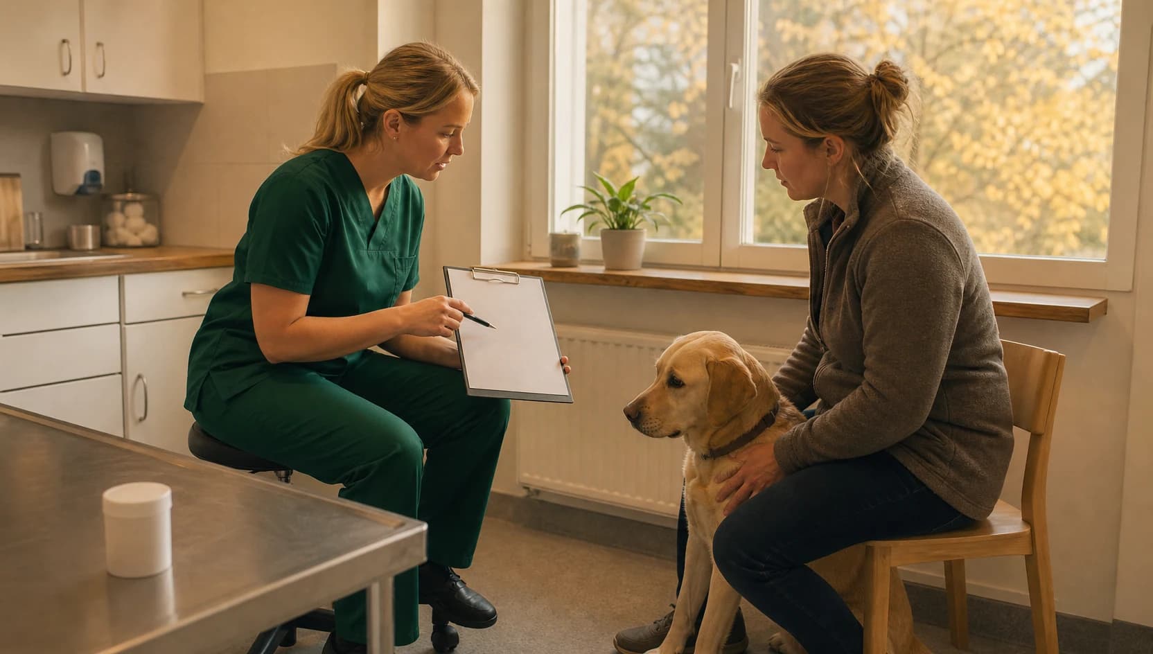 Veterinär i mörkgröna skrubbar jämför pris för mag-tarmundersökning hund med hundägare.