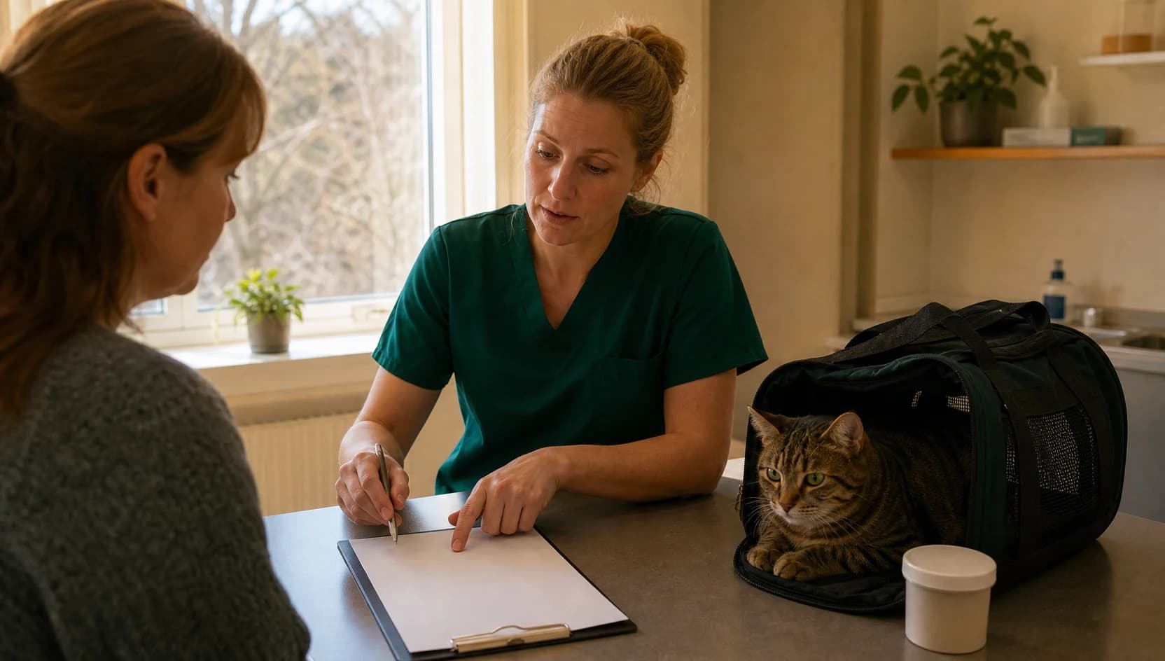 Veterinär i mörkgröna skrubbar jämför pris för mag-tarmundersökning katt med kattägare.