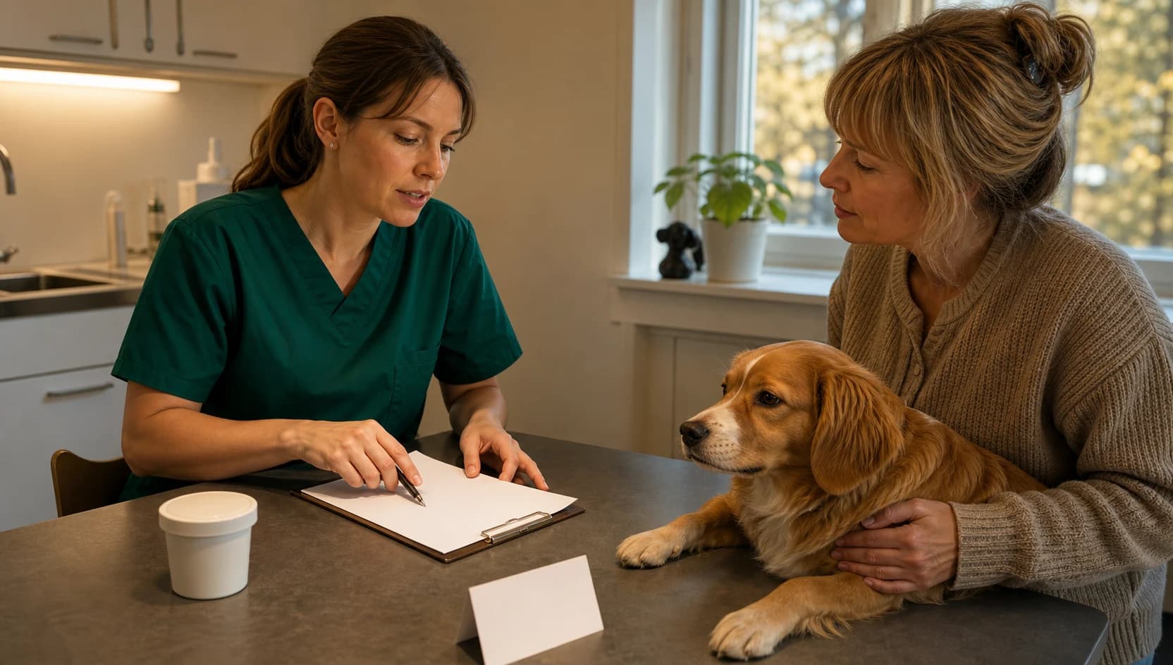 Veterinär i mörkgröna skrubbar jämför pris för mag-tarmundersökning med djurägare.