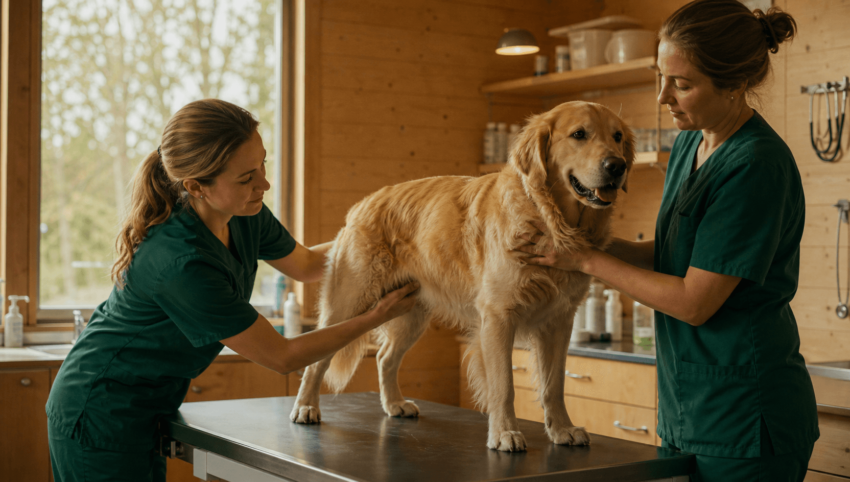 Veterinär palperar magen på en lugn hund inför mag-tarmundersökning.