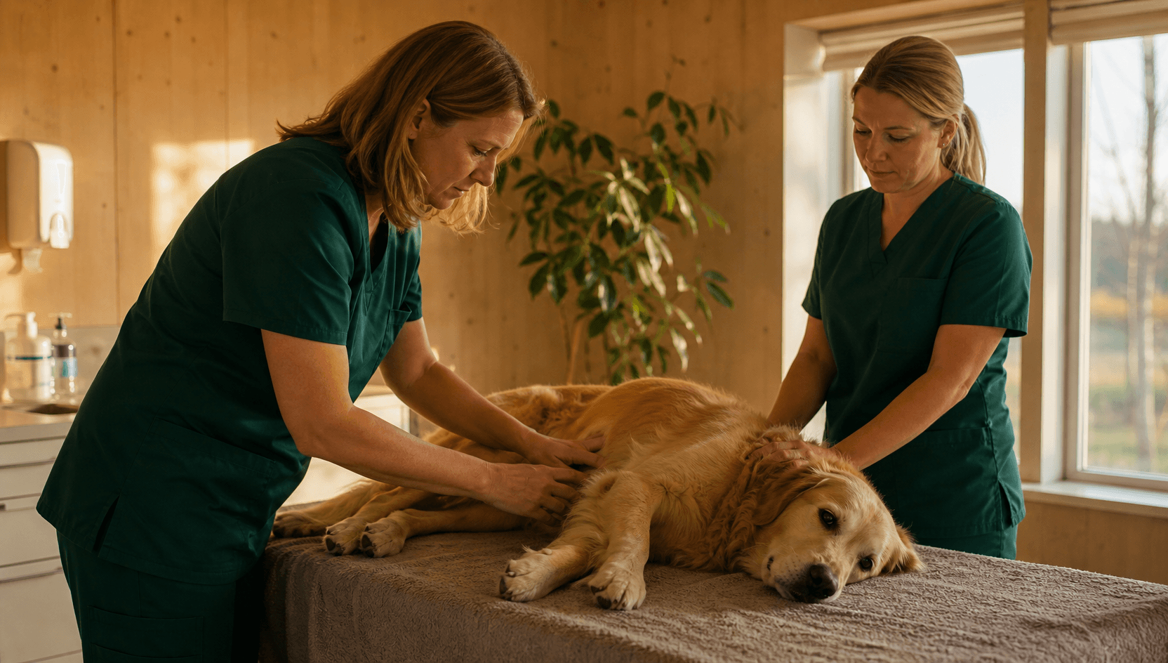 Veterinär undersöker magen på en lugn hund inför mag-tarmutredning.