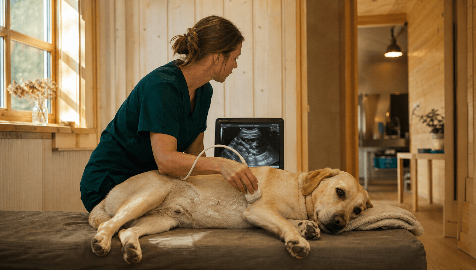 Hund får bukultraljud som del av mag-tarmundersökning.