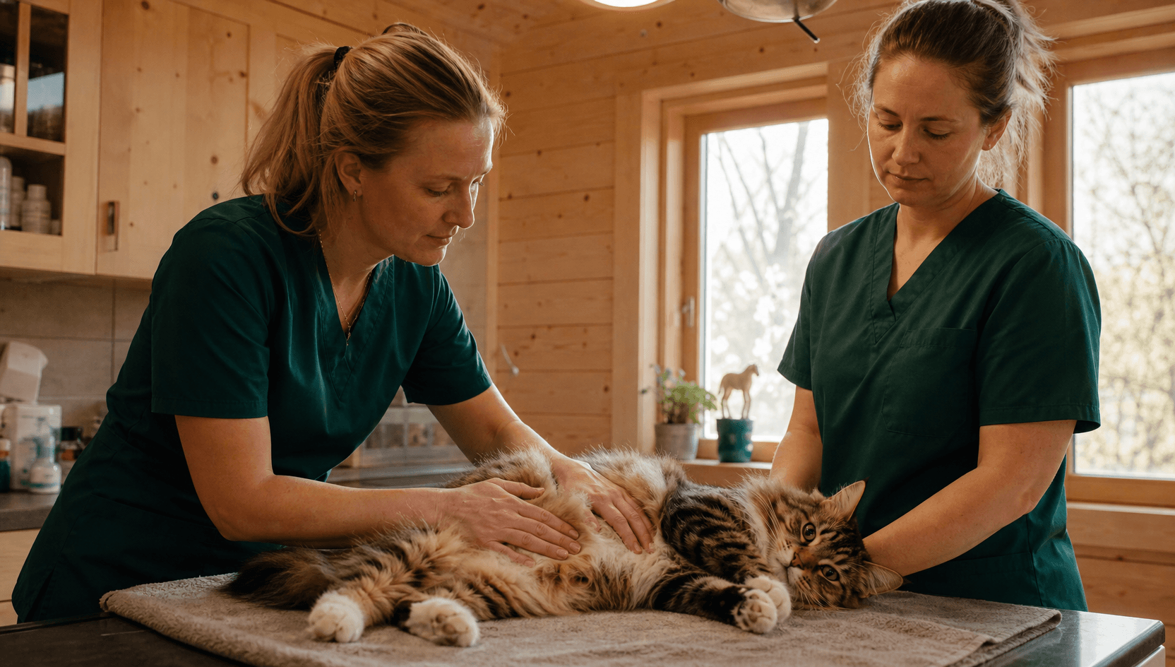 Veterinär undersöker magen på en lugn katt inför mag-tarmutredning.