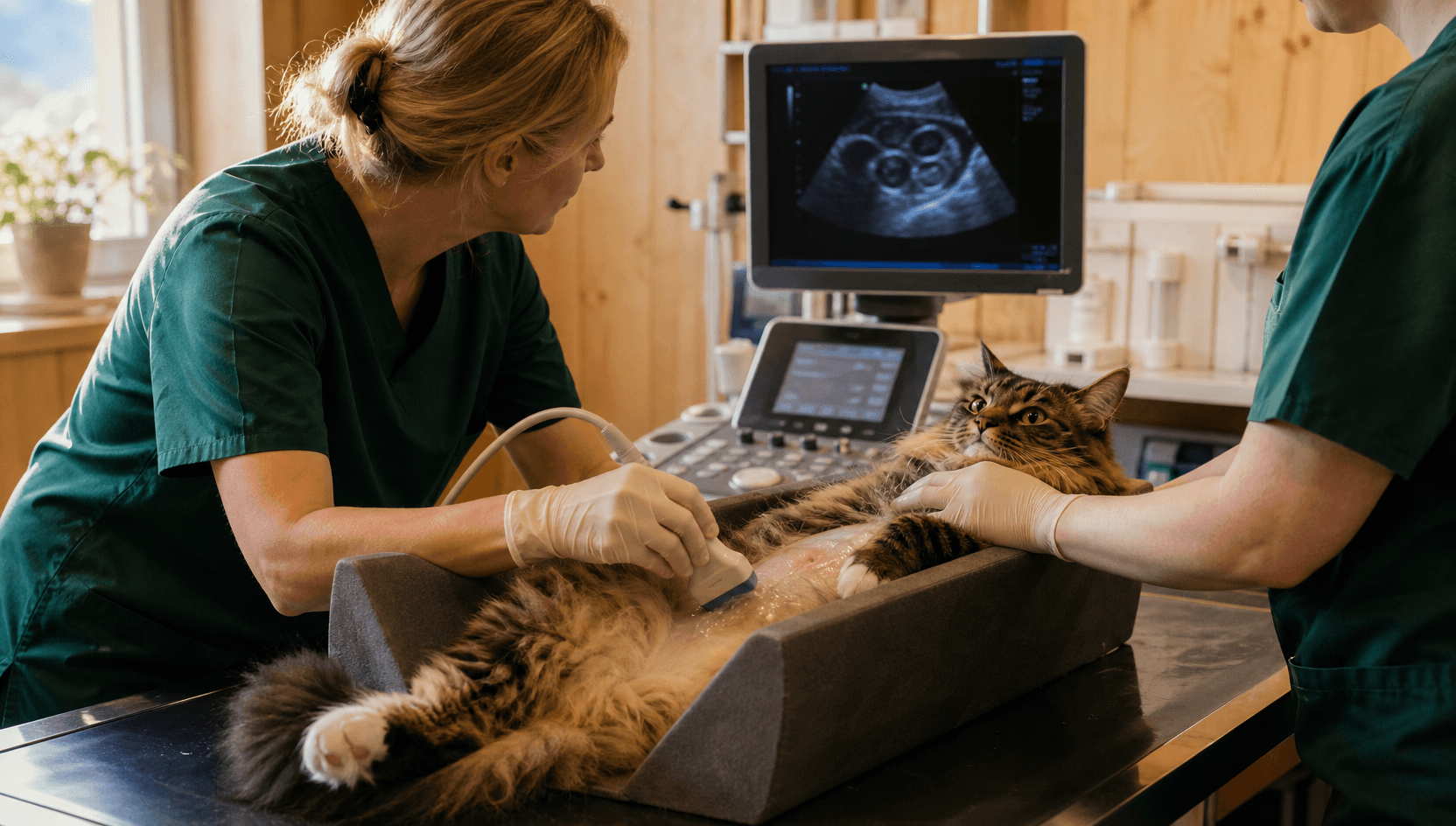 Katt får bukultraljud som del av mag-tarmundersökning.