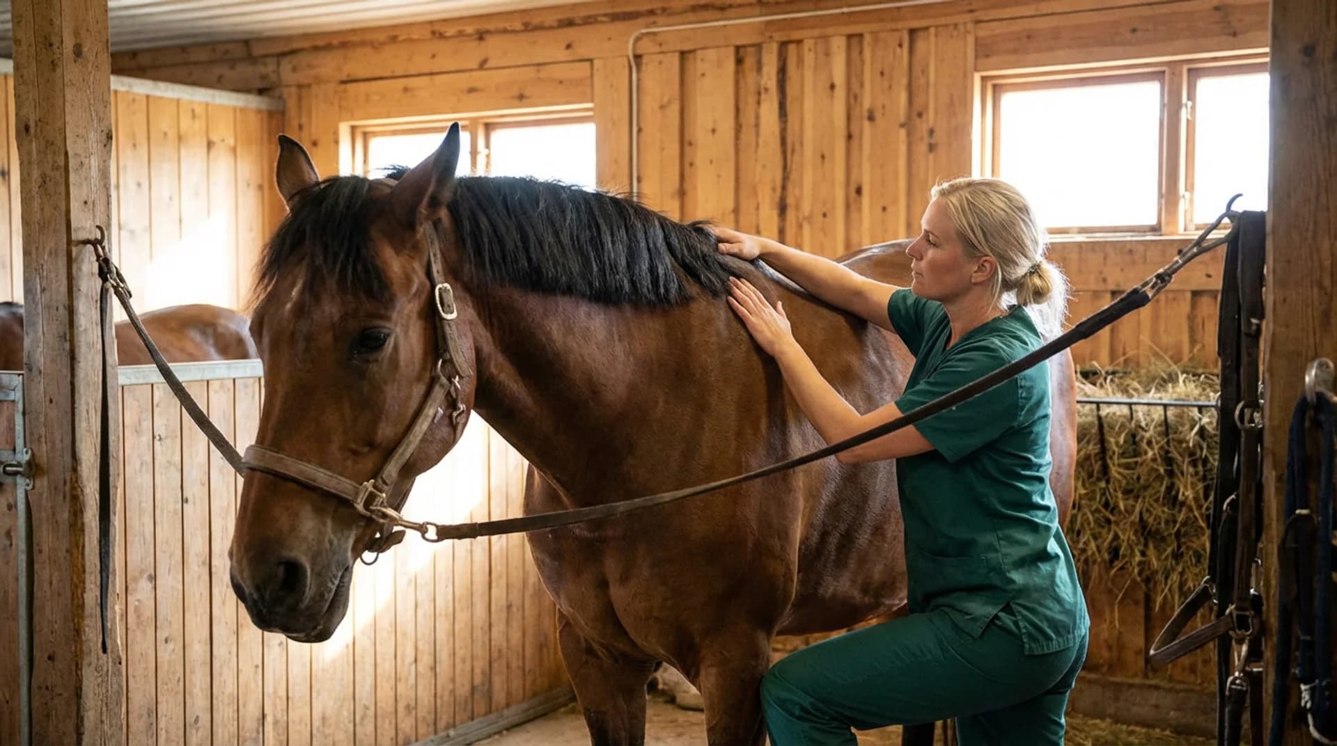 Legitimerad djurfysioterapeut masserar ryggmuskulaturen på en brun häst i stall