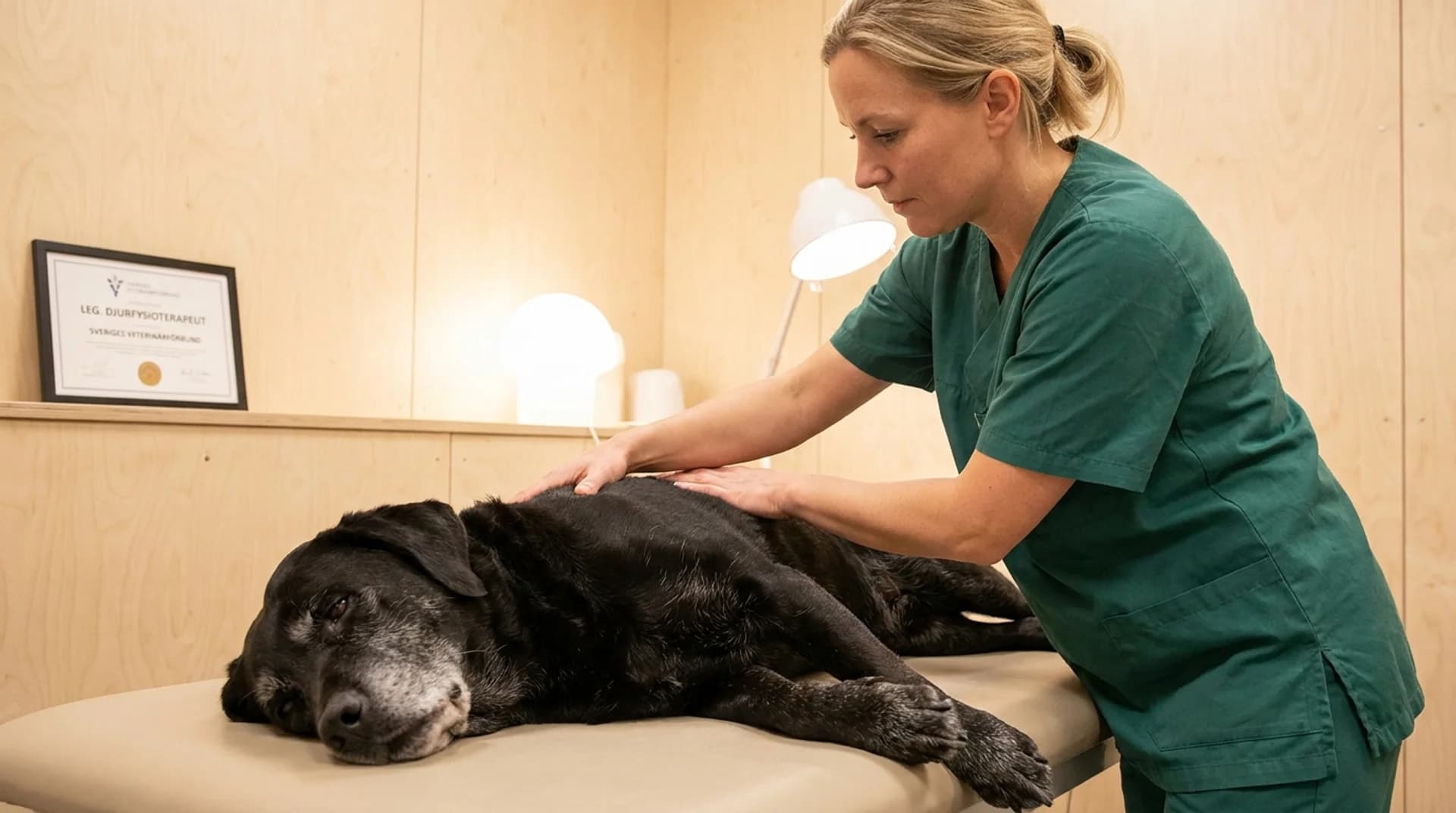 Legitimerad djurfysioterapeut masserar senior svart labrador på rehabklinik