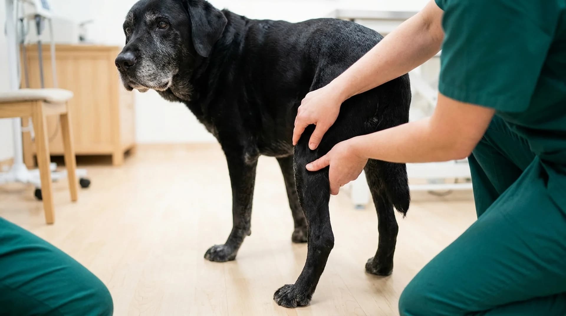 Bedömning av bakbenets muskulatur på senior svart labrador inför massagesession