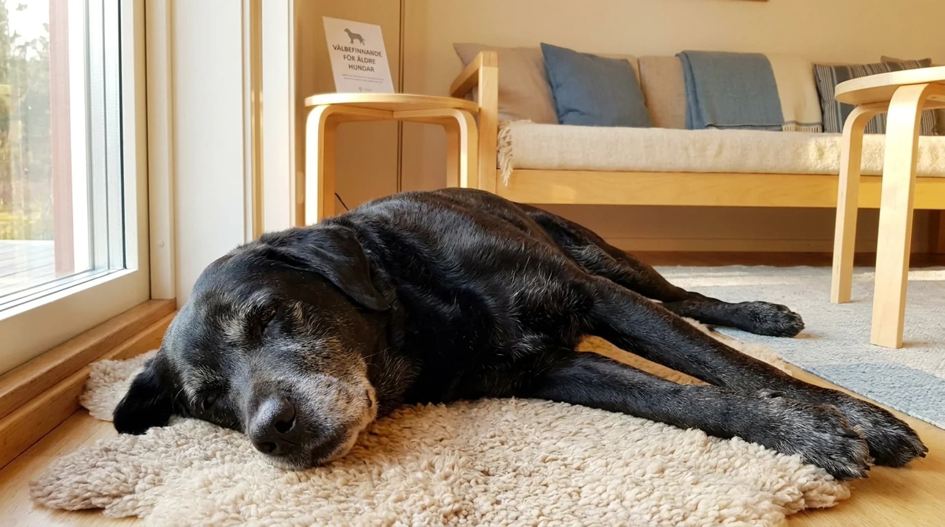 Senior labrador vilar lugnt hemma i solljus efter massagesession mot stelhet och artros