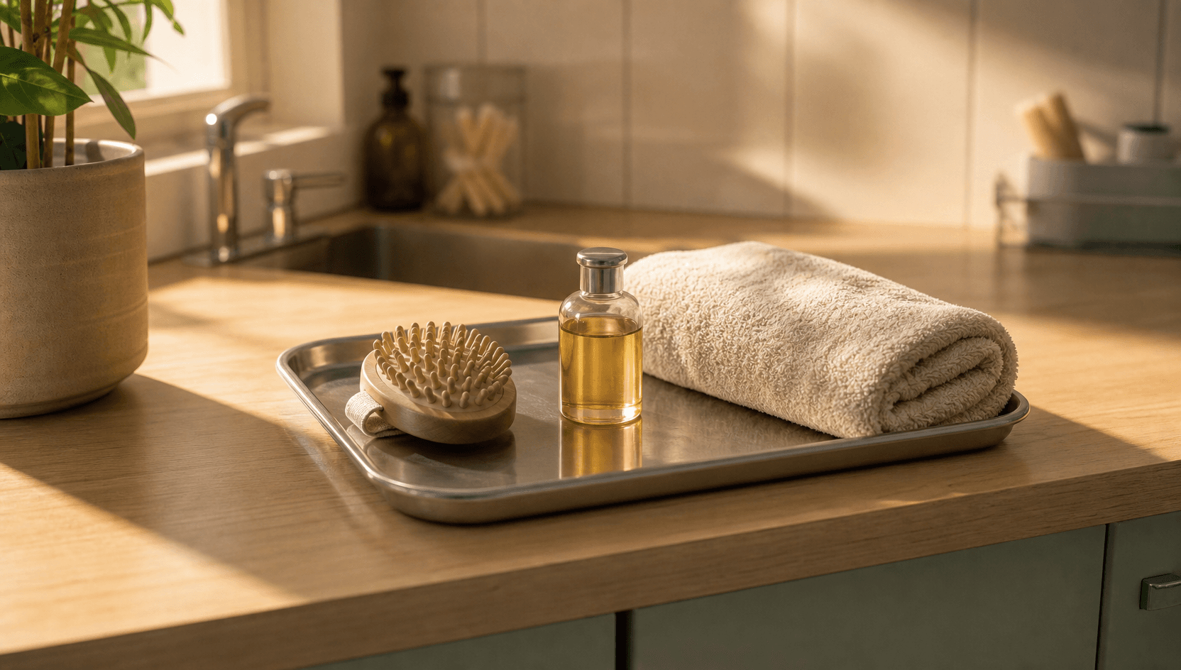 Närbild på en steril stålbricka med en mjuk djurmassageborste, en liten flaska varm massageolja och en mjuk handduk.