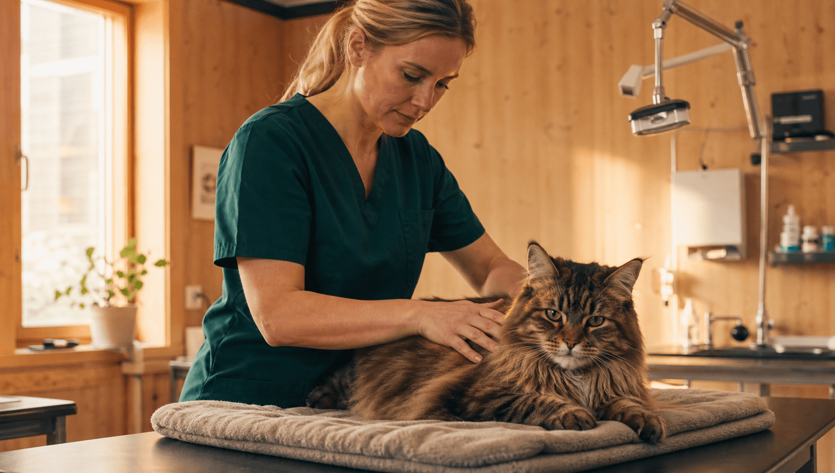 Massage för katt — veterinär masserar skogskattens rygg med båda händer i lugna cirkulära rörelser