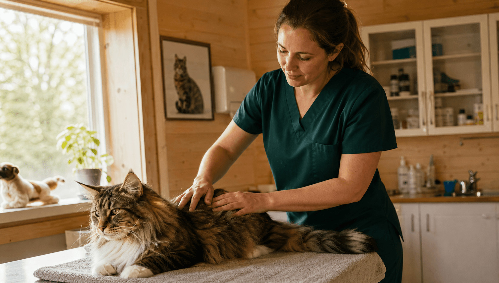 Veterinär i mörkgröna skrubbar masserar försiktigt ryggen på en lugn skogskatt på en mjuk handduk på undersökningsbordet — båda händerna i långsamma cirkulära rörelser.