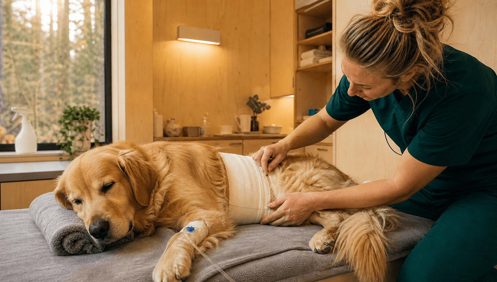 Mjukdelskirurgi — golden retriever vilar med postoperativt bukbandage efter mjukdelsoperation