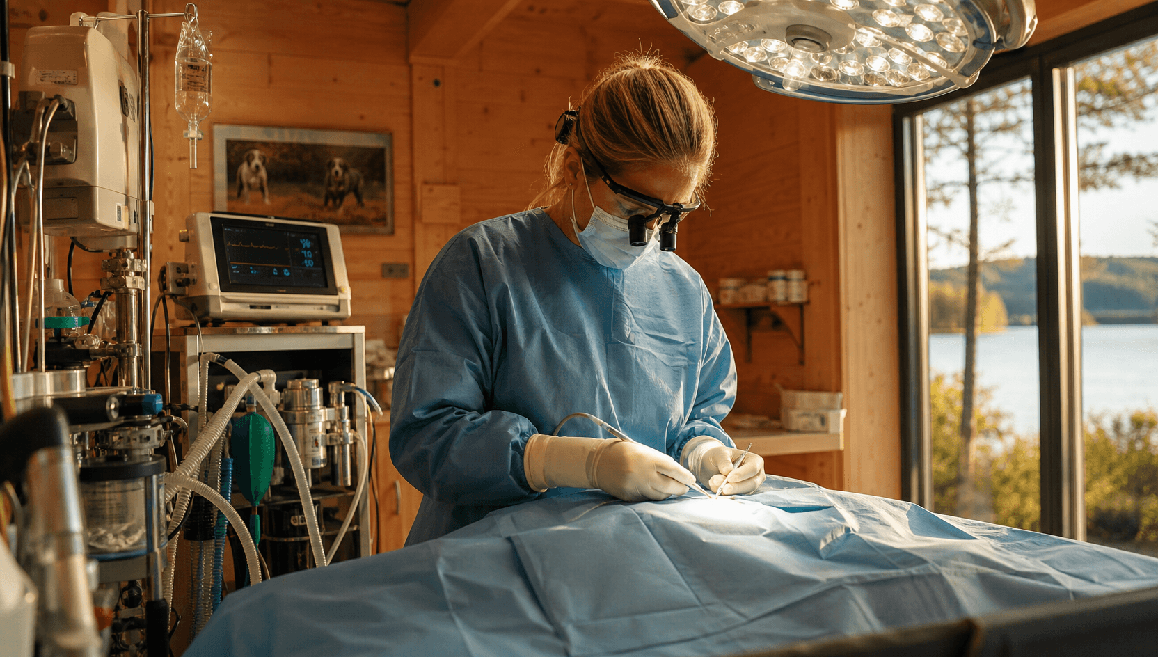 Veterinär-kirurg i sterilt blått draperi och tandförstoringsglas arbetar i en svensk smådjurs-mjukdelskirurgisk operationssal — patienten är helt täckt av blåa draperingar och en monitor lyser i bakgrunden.