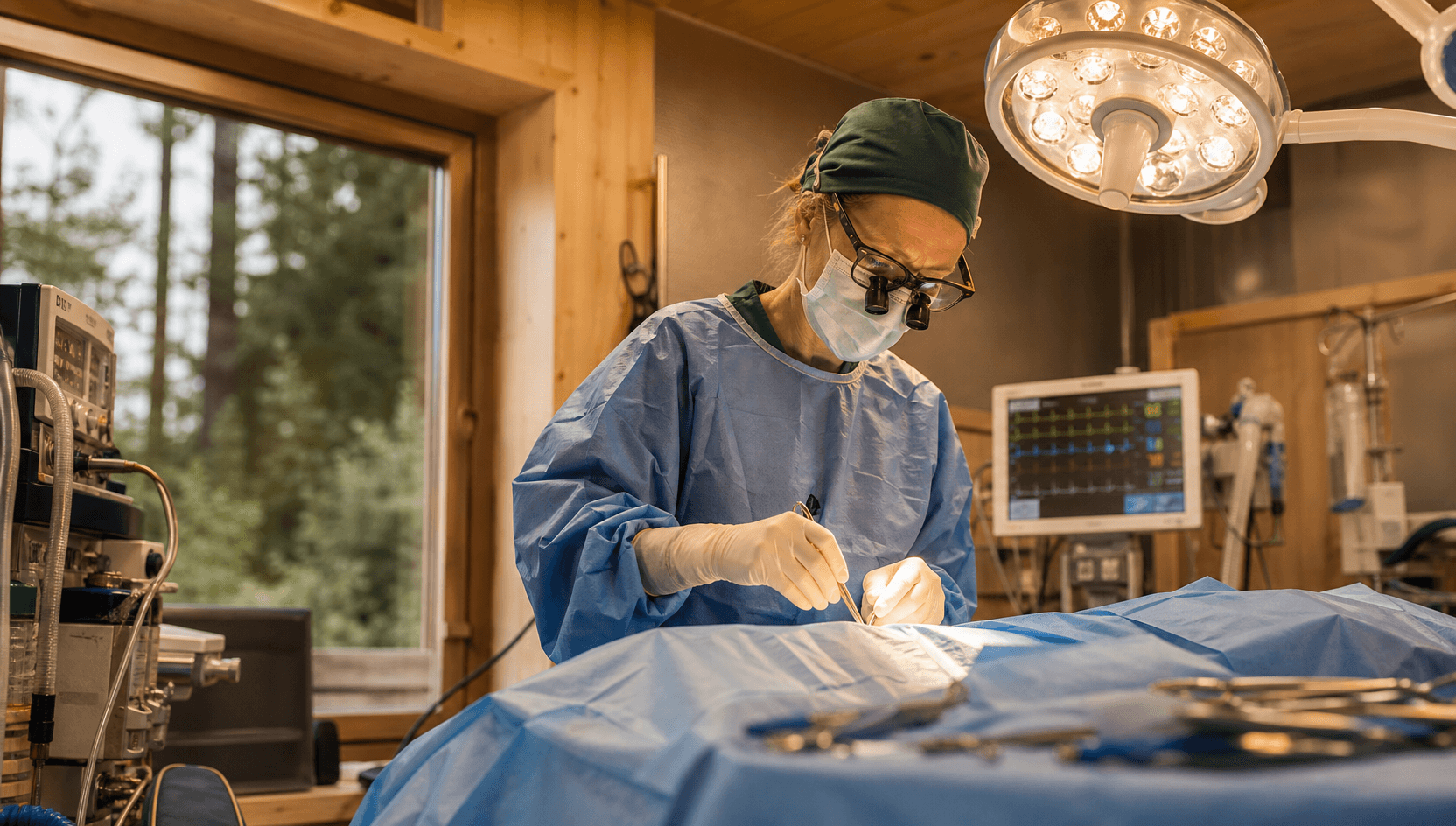 Veterinär-kirurg i sterilt blått draperi och tandförstoringsglas arbetar i en svensk smådjurs-mjukdelskirurgisk operationssal — patienten är helt täckt av blåa draperingar och en monitor lyser i bakgrunden.