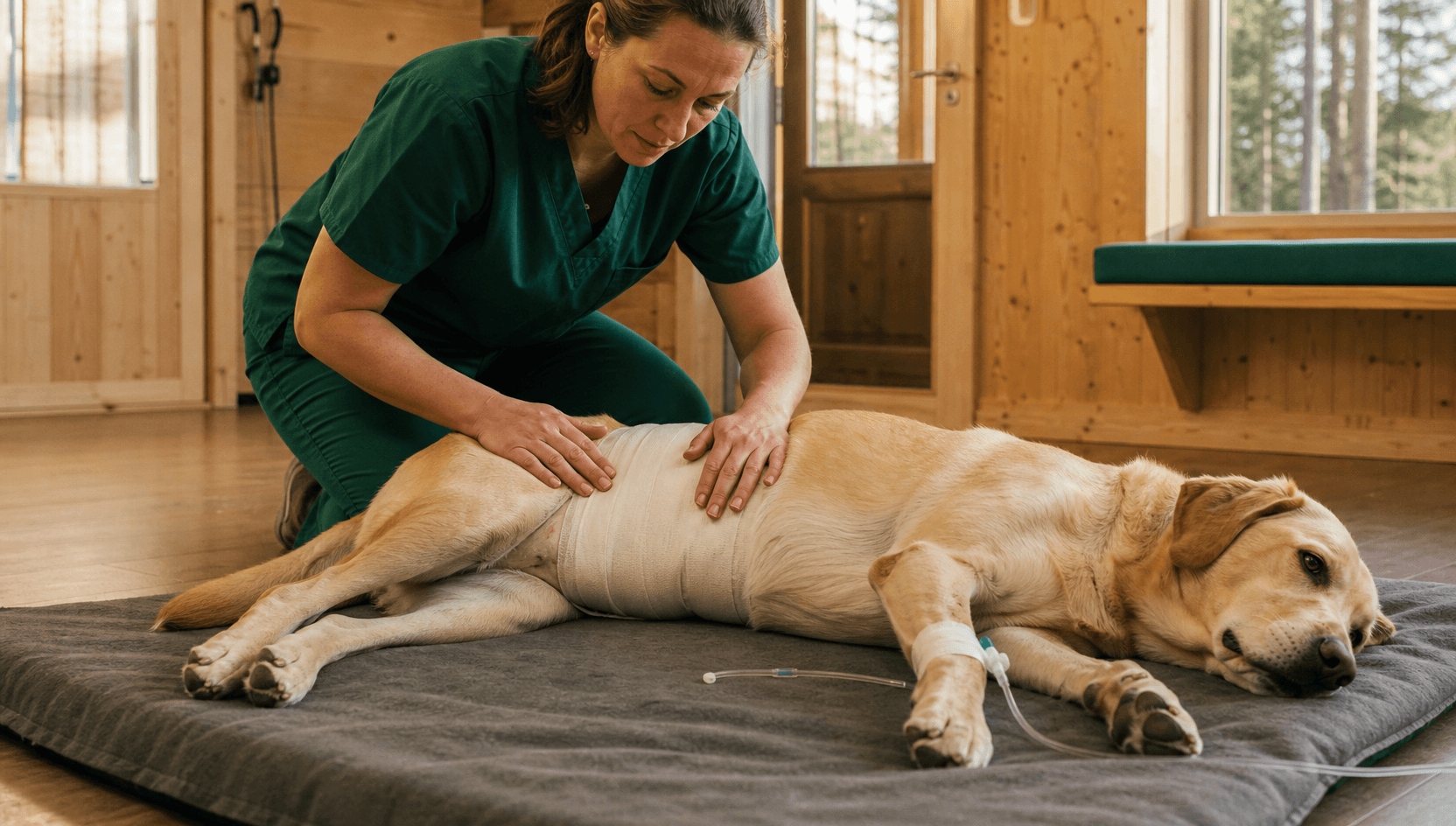 Mjukdelskirurgi för hund — yellow labrador vilar med postoperativt bukbandage