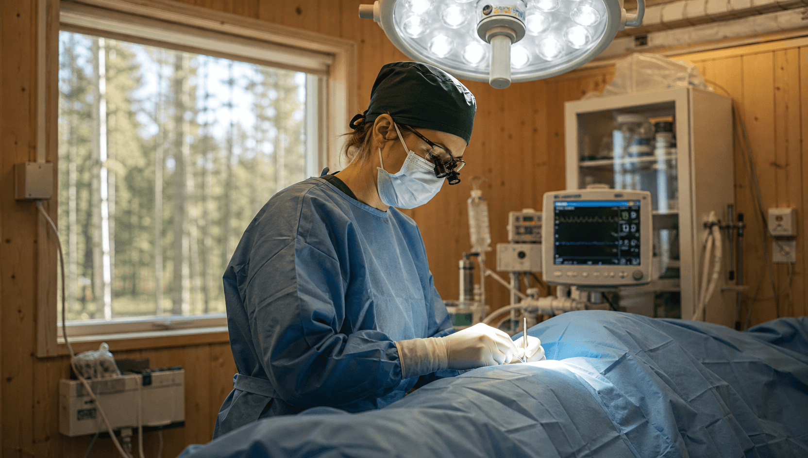 Veterinär-kirurg i sterilt blått draperi och tandförstoringsglas arbetar i en svensk smådjurs-mjukdelskirurgisk operationssal — patienten är helt täckt av blåa draperingar och en monitor lyser i bakgrunden.