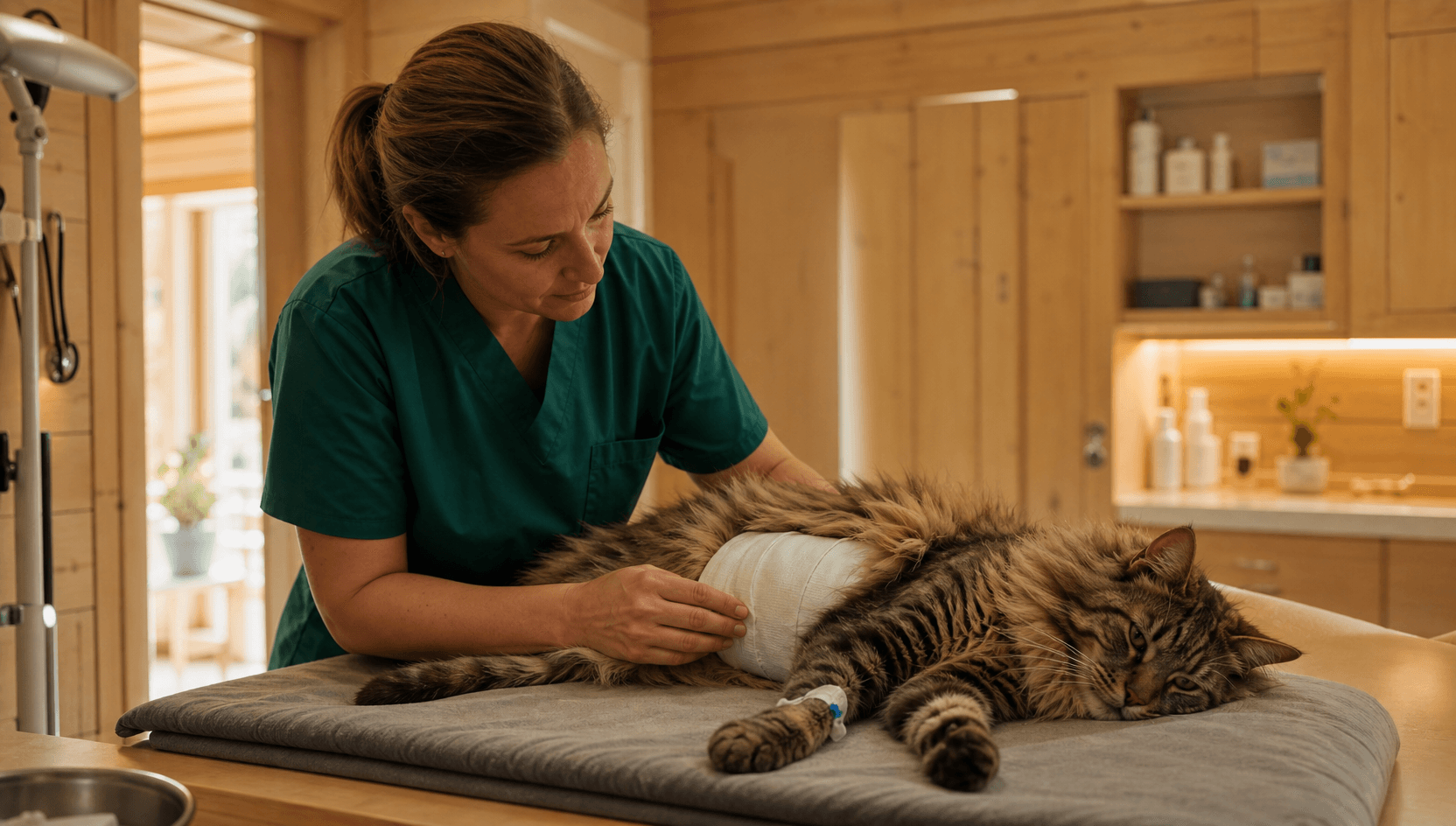 Mjukdelskirurgi för katt — skogskatt vilar med litet postoperativt bukbandage