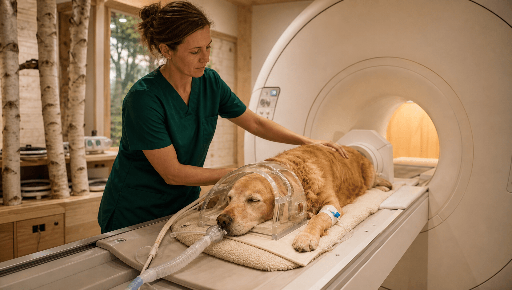 MRT-undersökning — golden retriever positionerad vid MR-kamerans ingång under sövning, veterinär attendrar