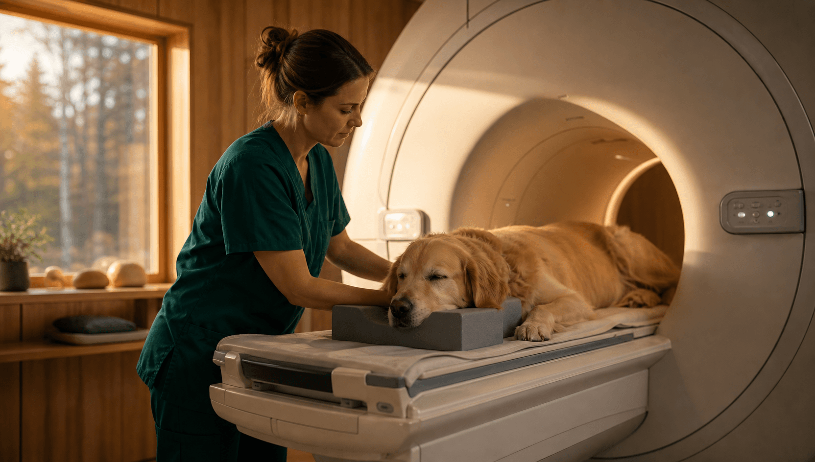Veterinär i mörkgröna skrubbar positionerar lugnt en sövd gul golden retriever på den glidande bädden av en MRT-gantry, huvudet stöttat av en skumdyna.