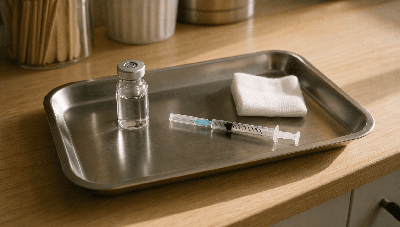 Närbild på en steril stålbricka med en liten vaccinflaska, en fin engångsspruta med skyddad nål och en steril gasbinda.
