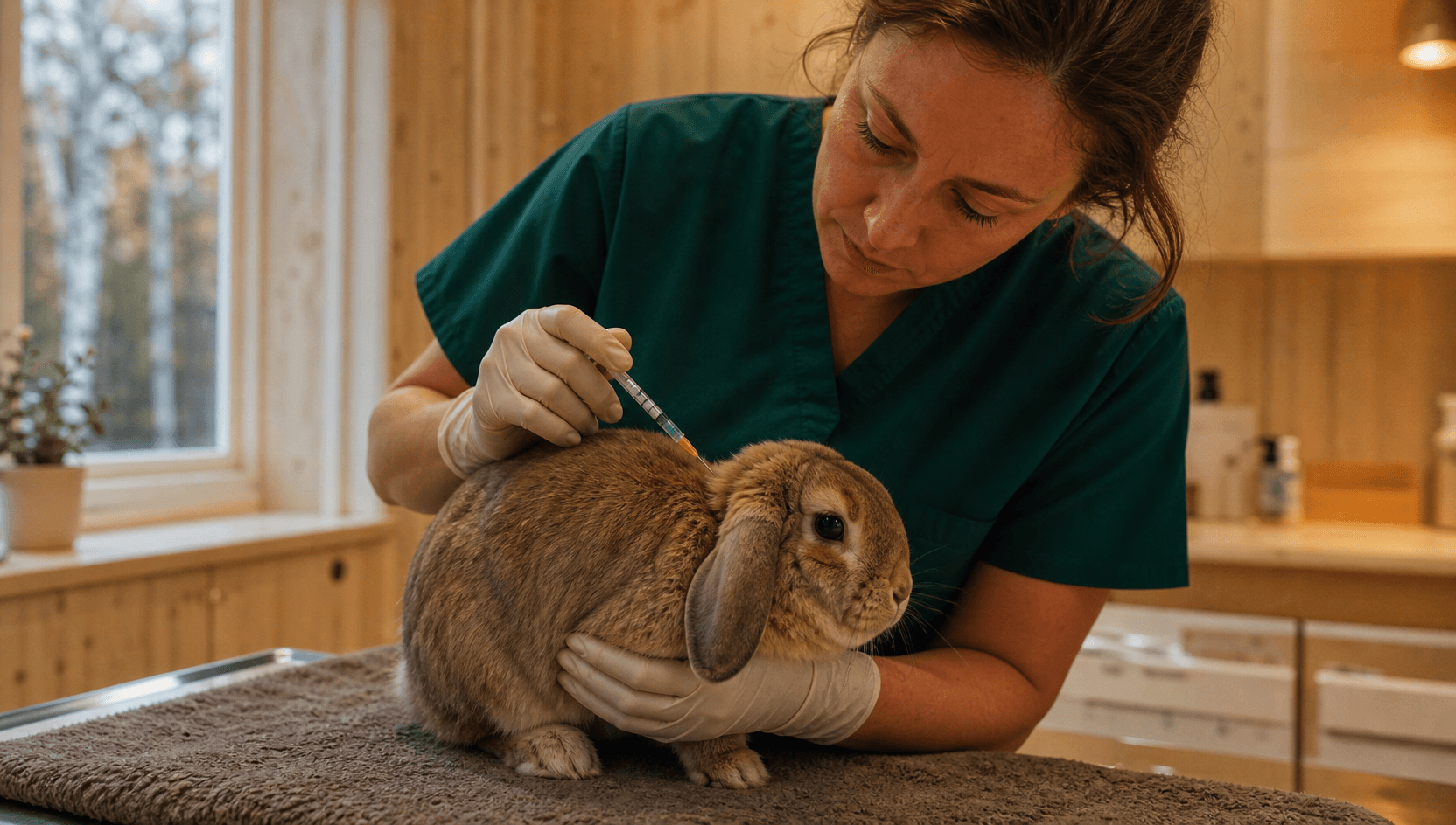 Myxomatosvaccination — veterinär ger Holland Lop-kanin vaccin under nackskinnet med liten spruta
