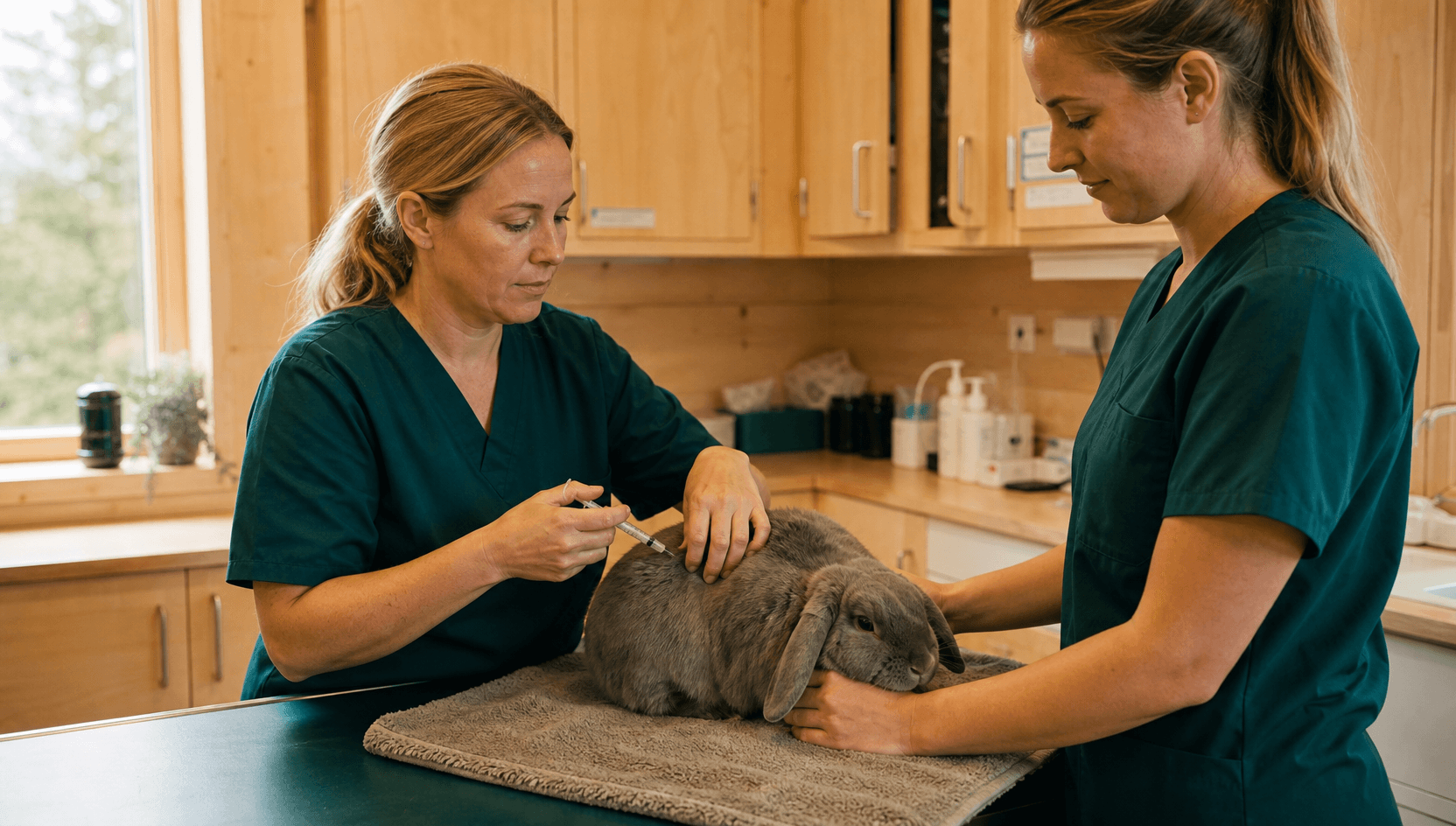 Veterinär i mörkgröna skrubbar håller försiktigt en lugn grå Holland Lop-kanin på en mjuk handduk och ger en liten subkutan vaccinationsinjektion vid nackskinnet medan en assistent steadar.