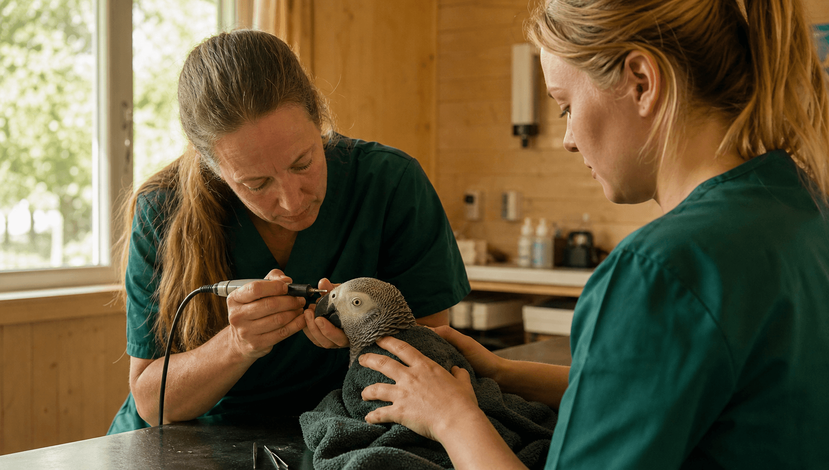 Veterinär i mörkgröna skrubbar håller försiktigt en lugn African Grey papegoja insvept i en mjuk handduk och filar försiktigt spetsen på övernäbben med ett lågvarvigt Dremel-verktyg medan en assistent steadar.
