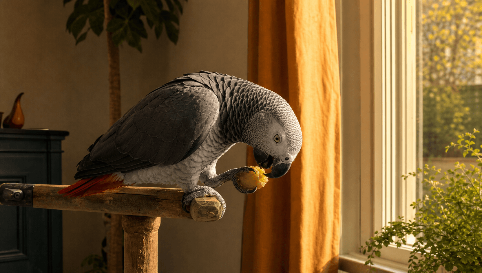 African Grey papegoja sitter ensam på en träpinne vid ett soligt fönster i ett svenskt hem och håller en bit frukt i ena foten medan den äter.