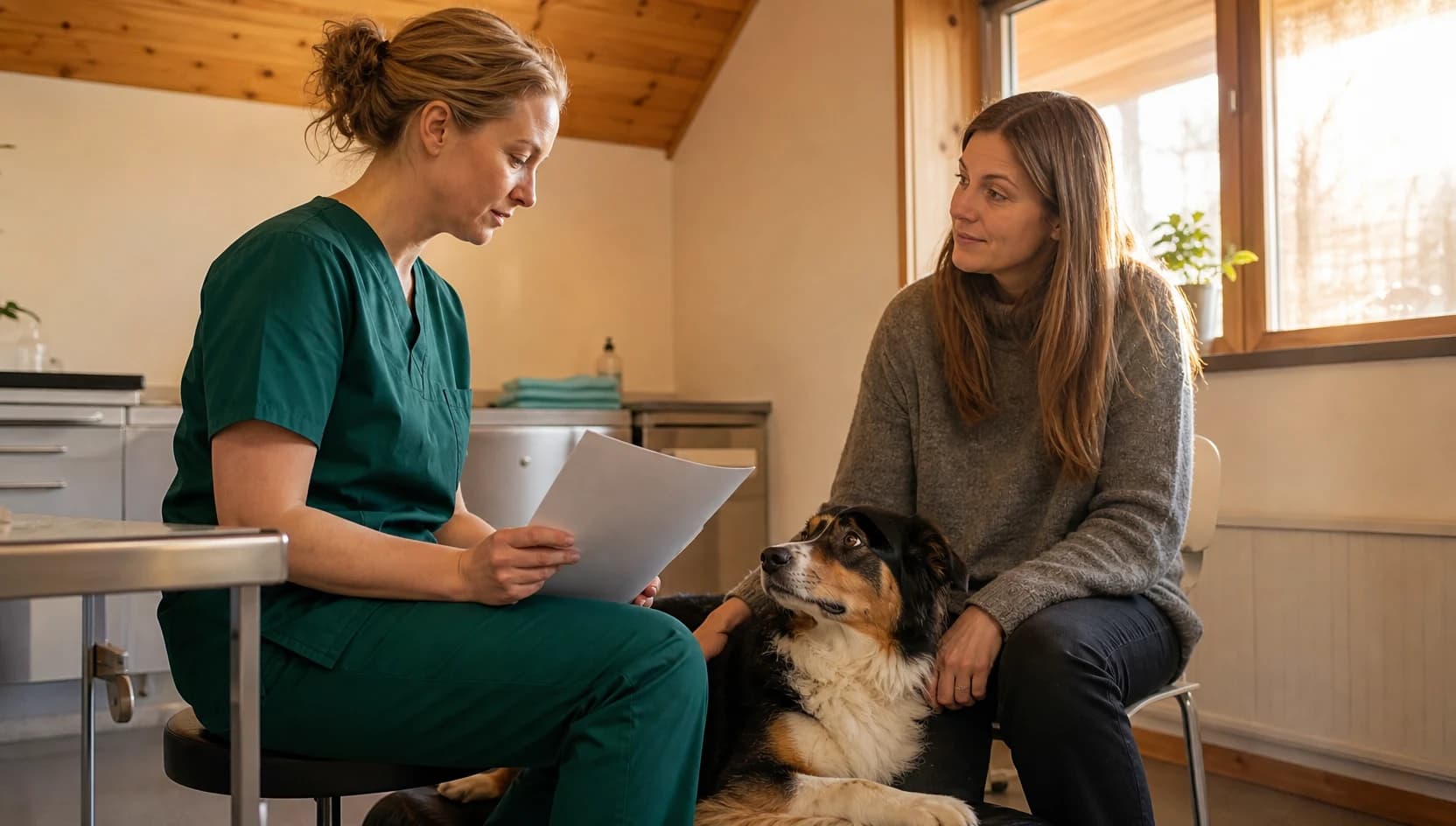 Veterinär i mörkgröna scrubs går igenom narkos- och sederingsplan med hundägare i varm svensk klinik.