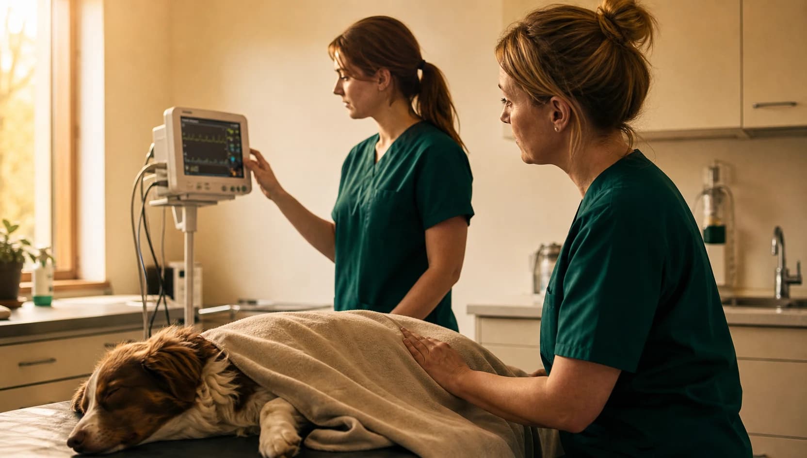 Veterinär i mörkgröna scrubs övervakar lugn patient under filt i uppvakningsdel.