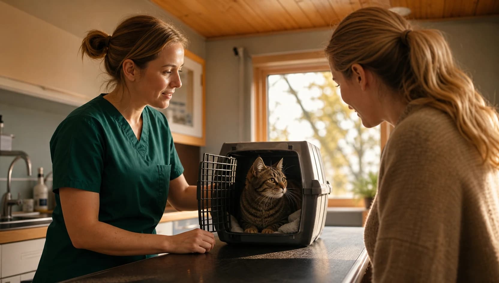 Veterinär i mörkgröna scrubs pratar med kattägare vid öppen transportbur.