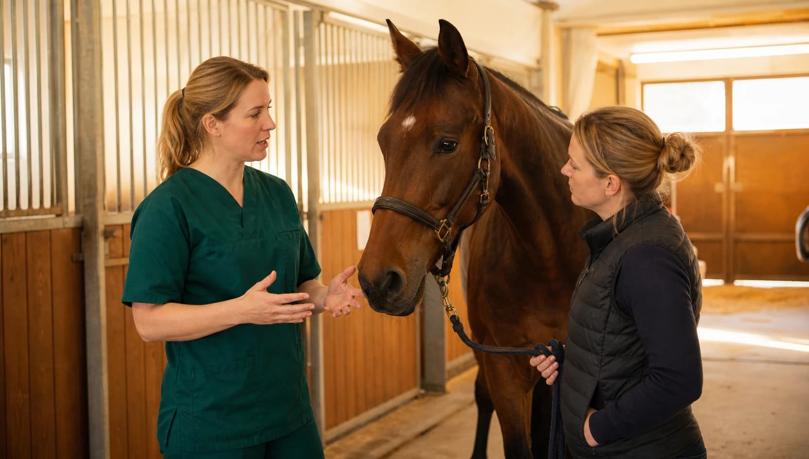 Hästveterinär i mörkgrön klinikjacka planerar stående sedering med hästägare i stallgång.