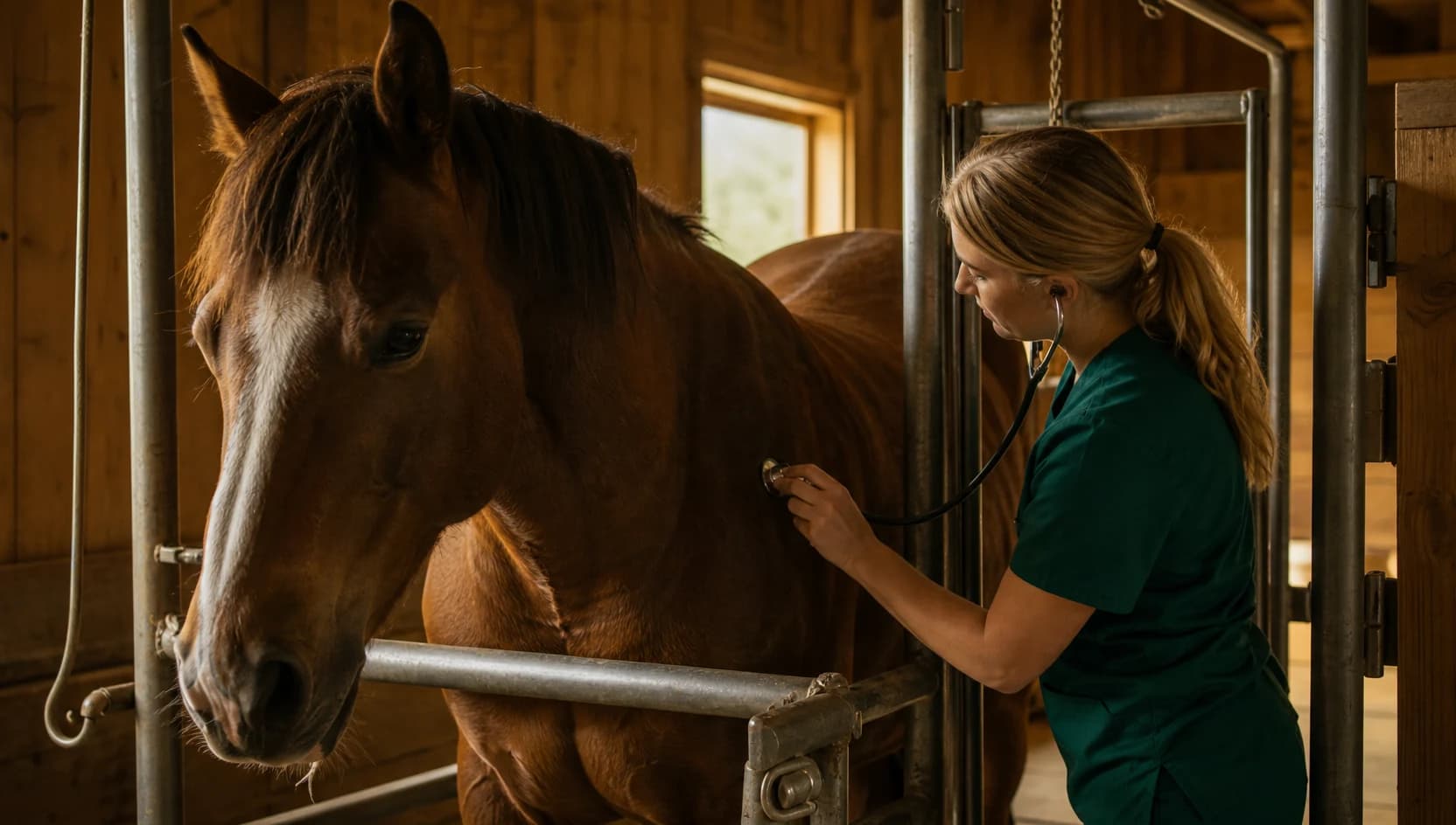 Hästveterinär i mörkgröna scrubs förbereder övervakning vid lugn häst i klinikmiljö.