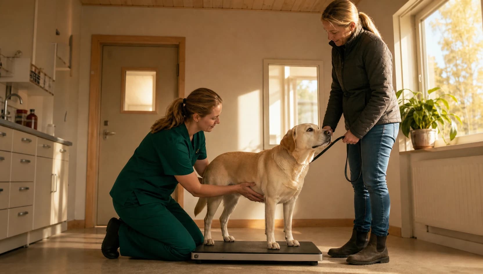 Veterinär i mörkgröna scrubs väger och undersöker lugn hund inför sedering.