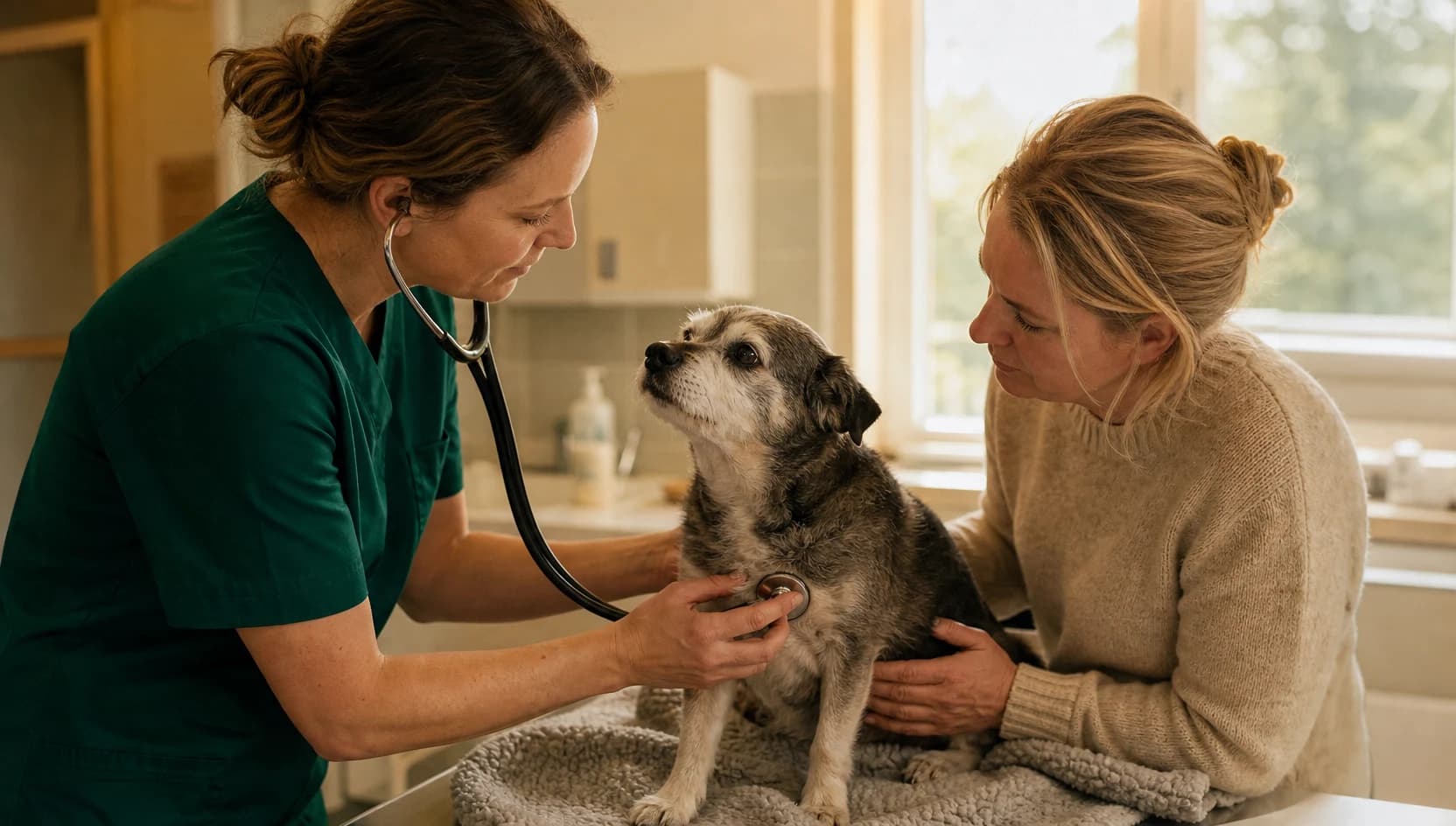 Veterinär i mörkgröna scrubs lyssnar på äldre hund inför narkosbedömning.