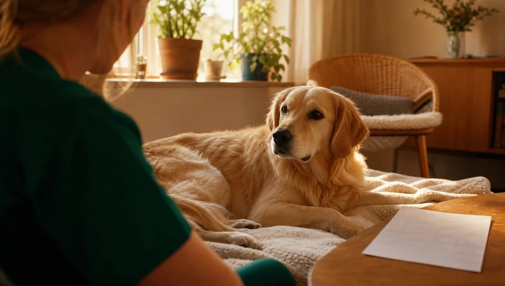 Hund vilar lugnt på filt hemma efter sedering i varm nordisk fönsterljusmiljö.