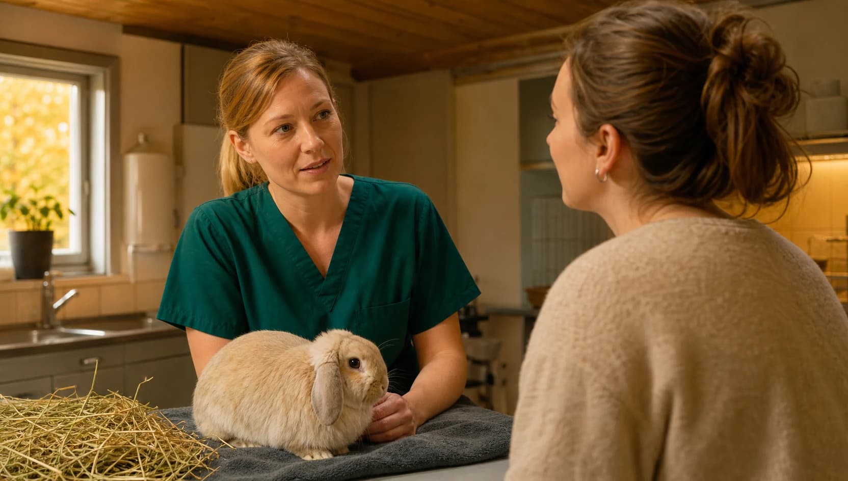 Veterinär i mörkgröna scrubs pratar med kaninägare medan kanin sitter lugnt på handduk med hö.