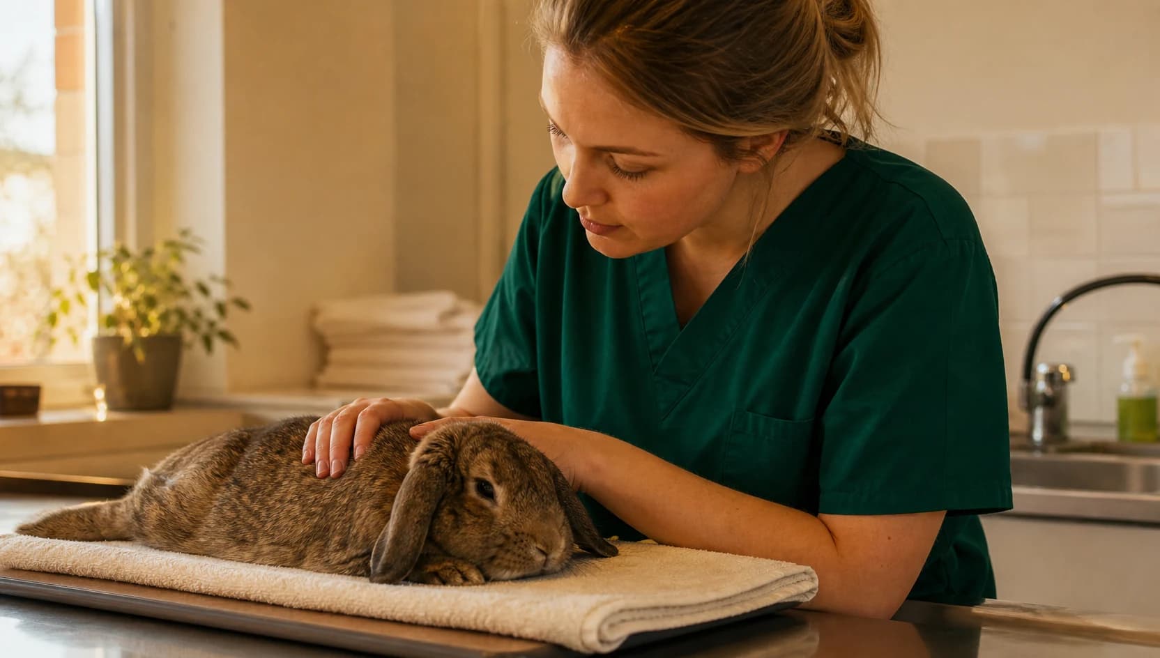 Veterinär i mörkgröna scrubs följer upp kanin på varm handduk under återhämtning.