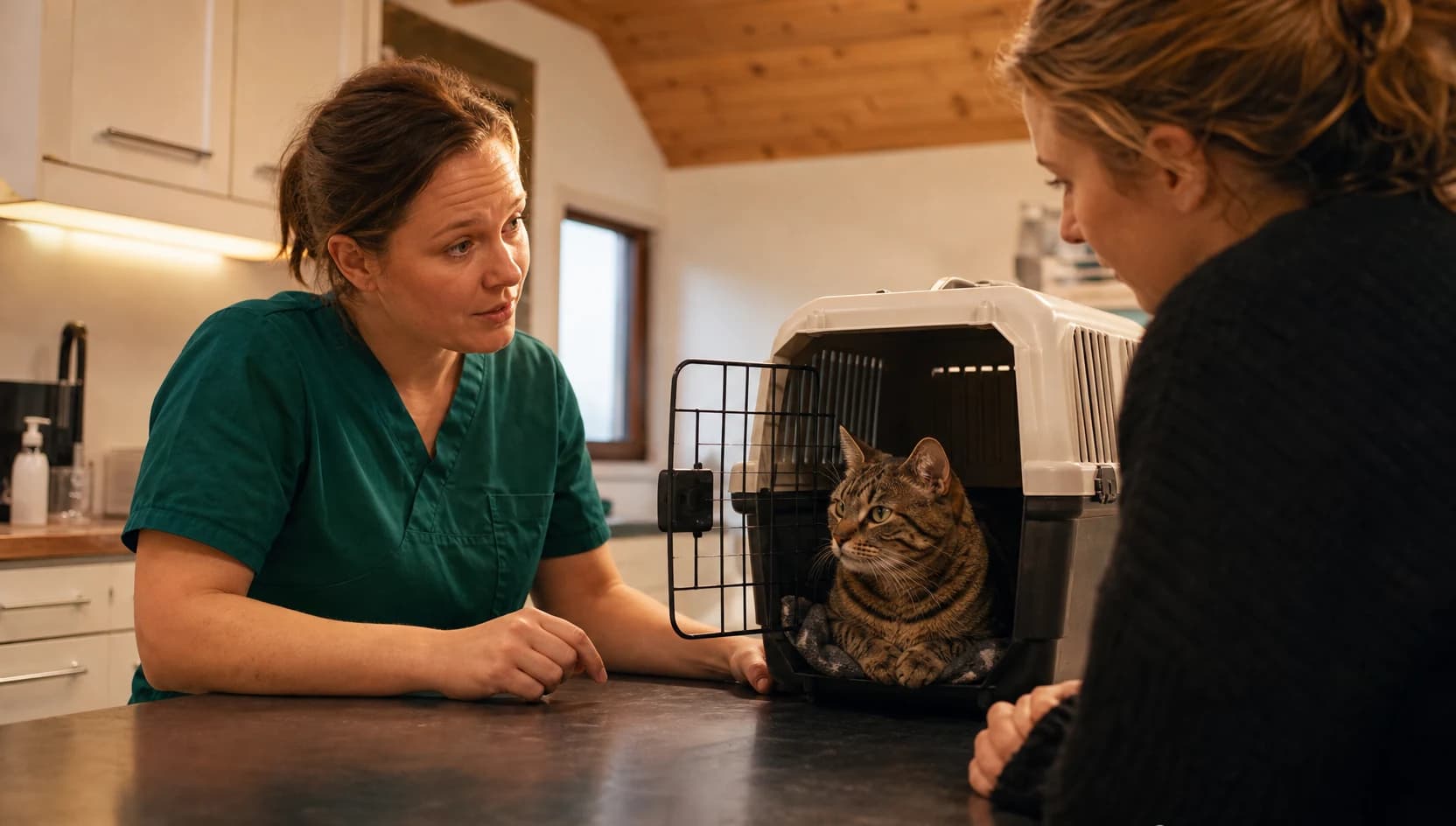 Veterinär i mörkgröna scrubs planerar sedering med kattägare vid öppen transportbur.