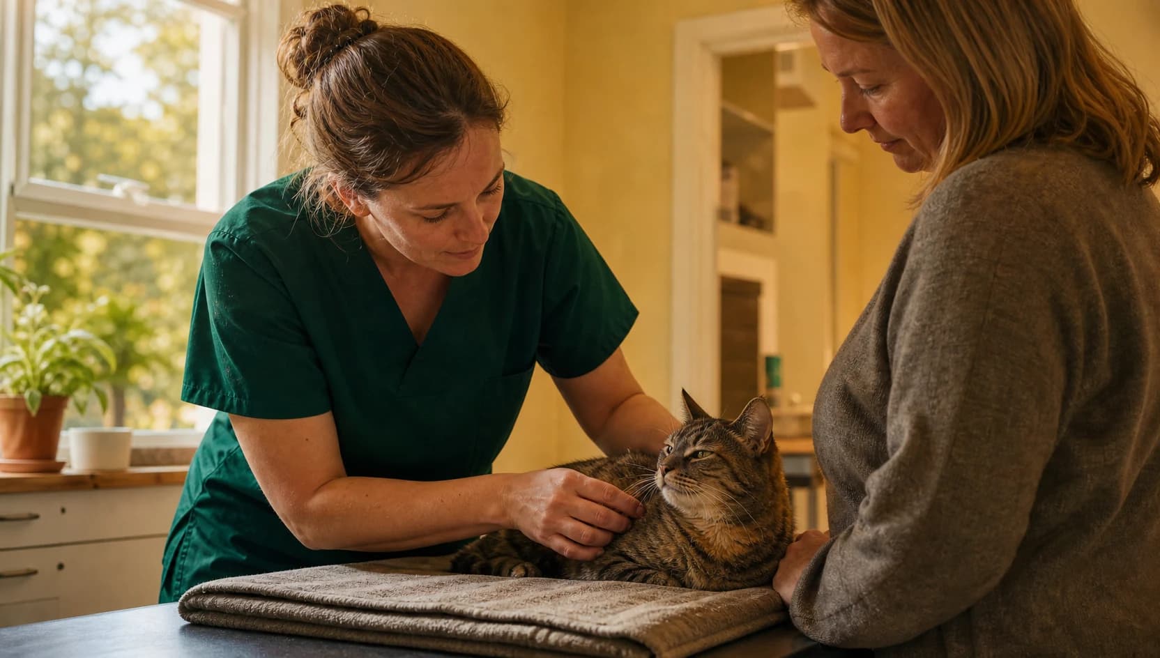 Veterinär i mörkgröna scrubs undersöker lugn äldre katt inför narkos.