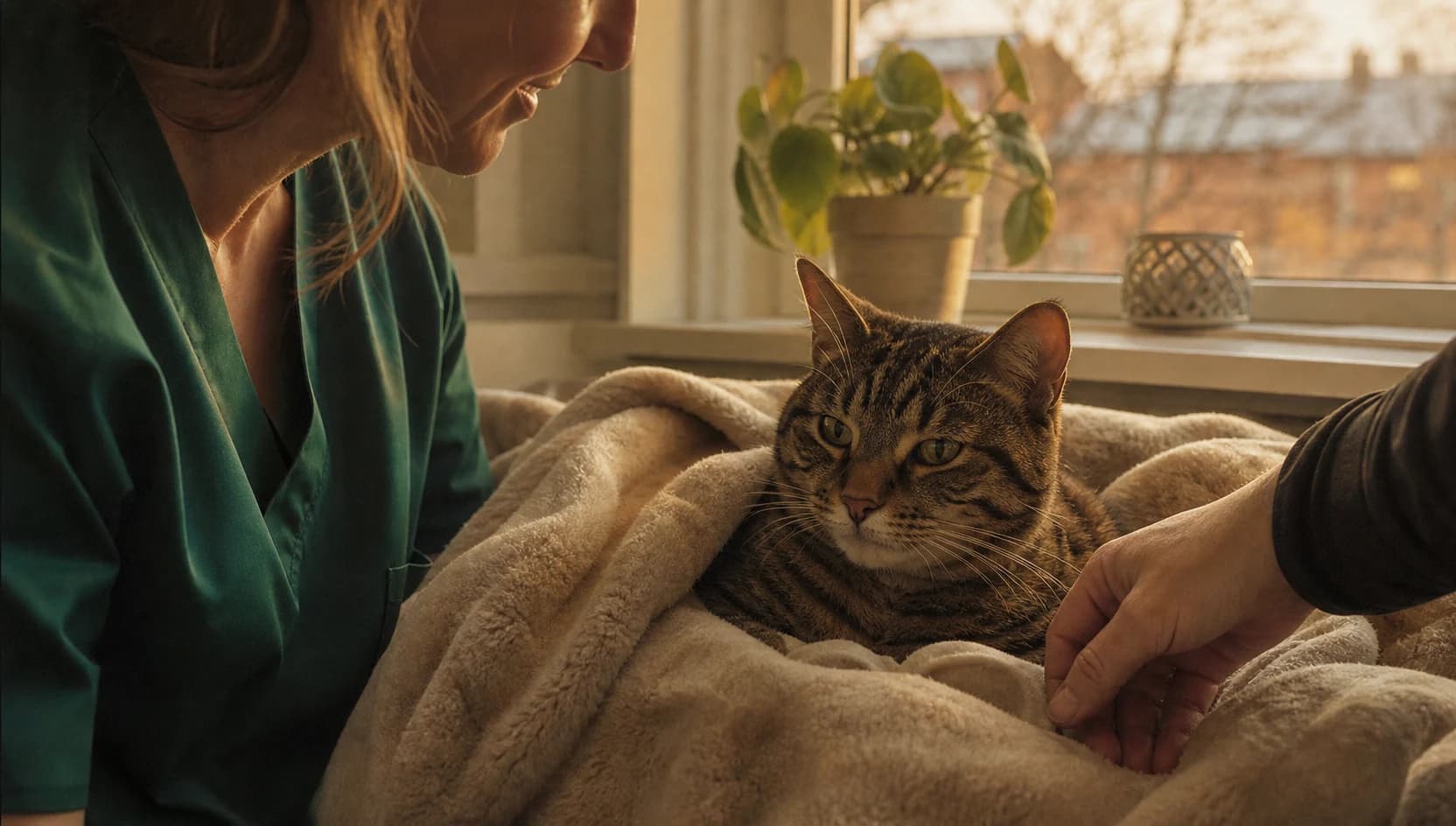 Katt vilar lugnt på mjuk filt hemma efter sedering i varmt fönsterljus.