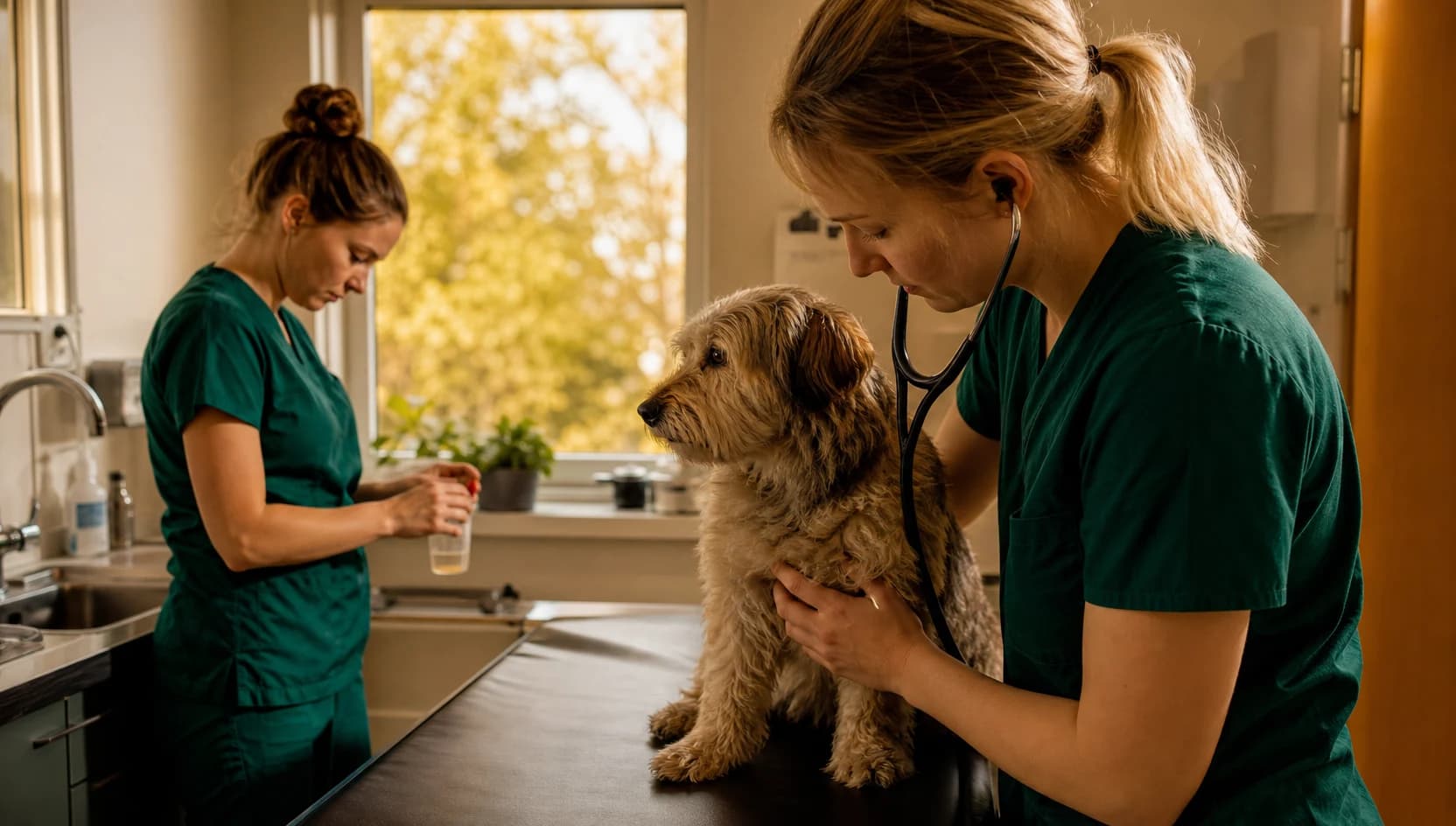 Veterinär undersöker hund vid njurprovtagning