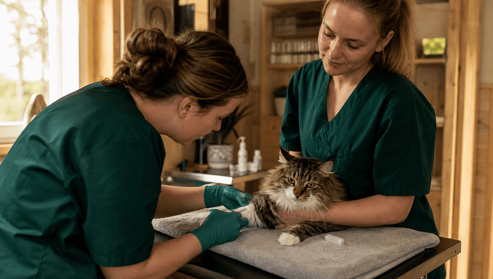 Två veterinärer i mörkgröna skrubbar tar lugnt ett blodprov från en avslappnad skogskatts framben på undersökningsbordet i en svensk klinik med björkträinredning.