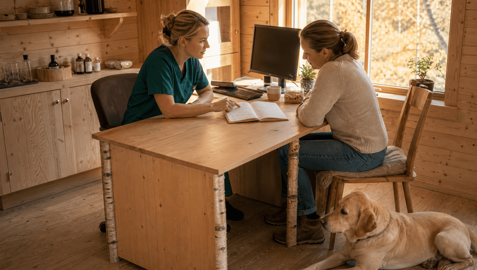 Veterinär i mörkgröna skrubbar och djurägare sitter mitt emot varandra vid ett björkträsskrivbord och pratar igenom anteckningar för en kostplan; en gul labrador vilar vid ägarens fötter.