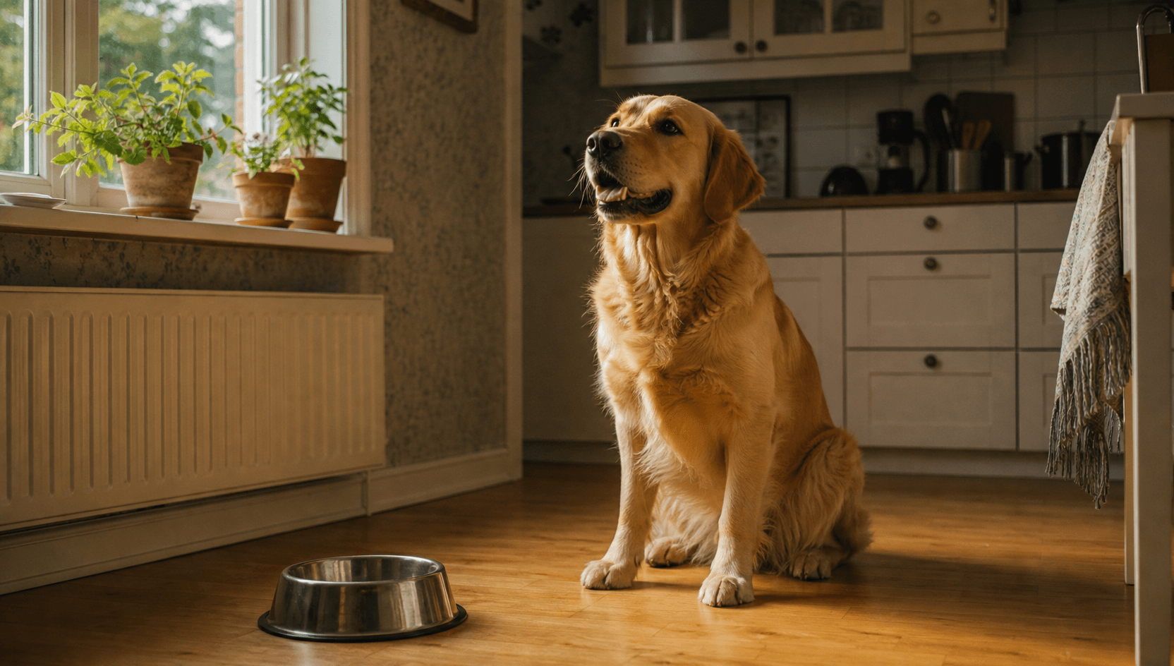 Gul golden retriever sitter uppmärksam ensam vid en blank stålskål på ett björkträsgolv i ett svenskt kök i mjukt eftermiddagsljus.