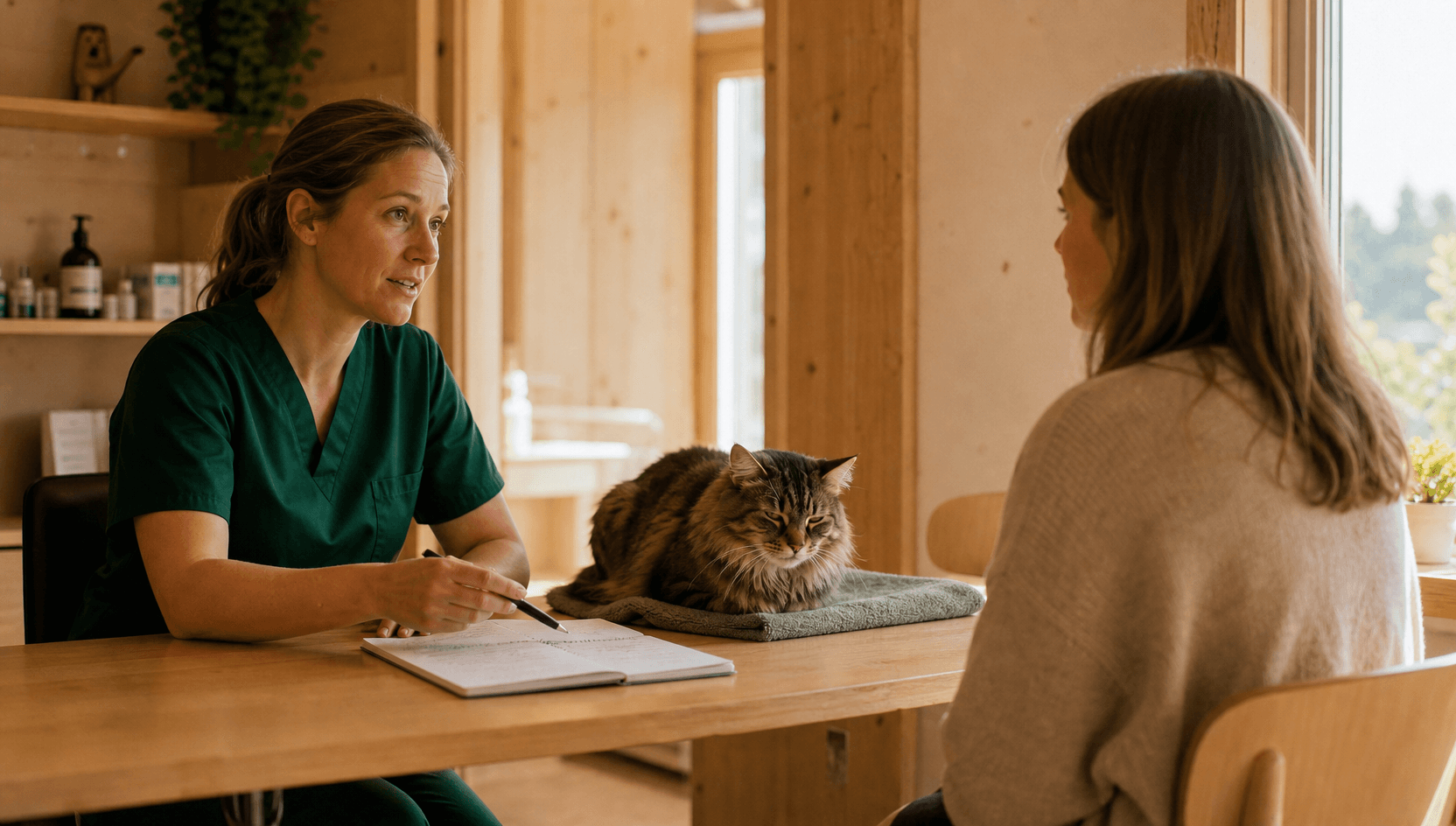 Veterinär i mörkgröna skrubbar pratar lugnt igenom kostplanen med en kattägare vid ett björkträsskrivbord; en lugn skogskatt vilar i tasstuckad loafsittning på en mjuk handduk bredvid anteckningsboken.