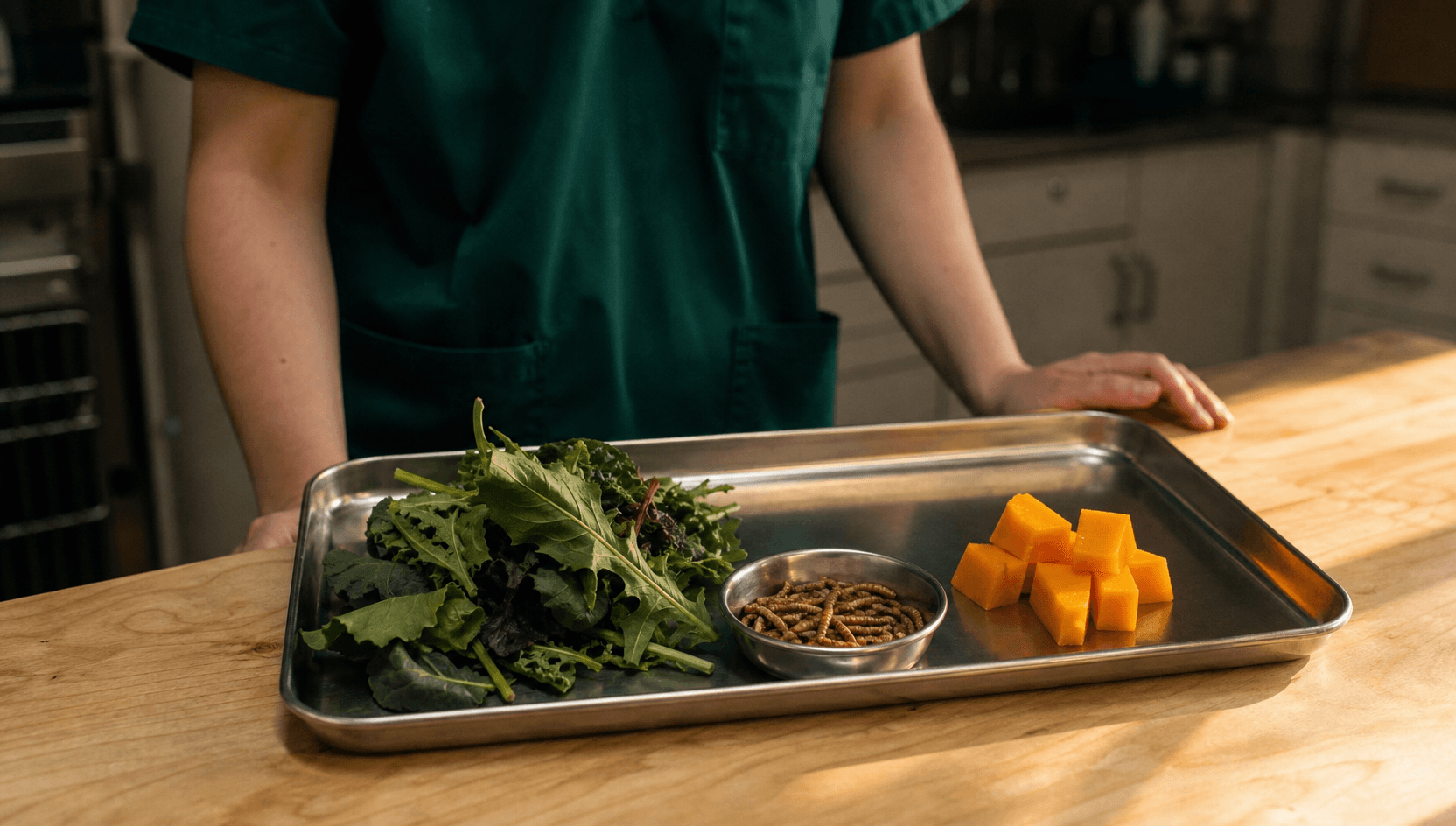 Närbild på en steril stålbricka med en hög färska bladgrönsaker, mjölmaskar i en liten skål och kuber av butternut-pumpa.